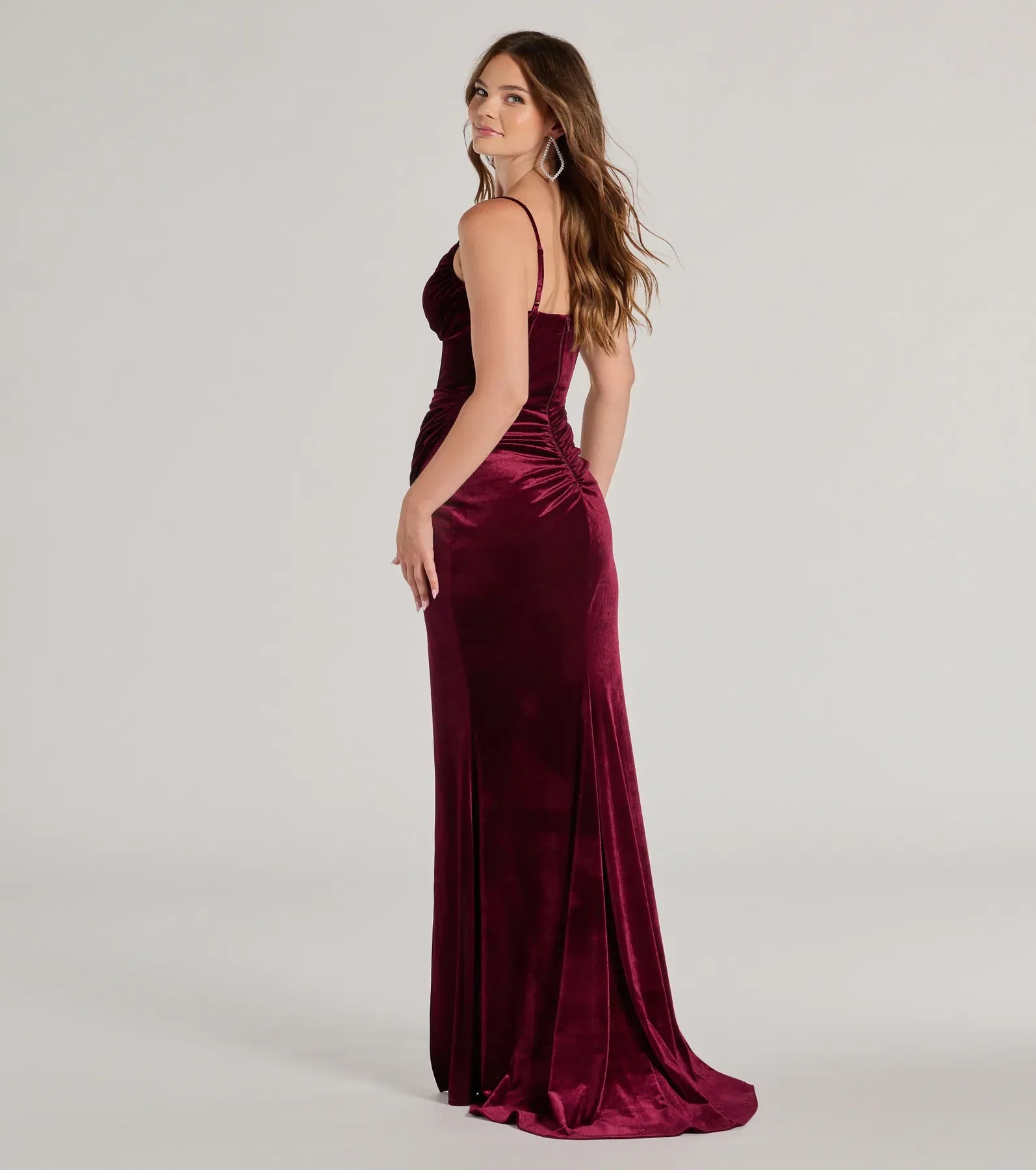 Burgundy Thin Spaghetti Strap V Velvet Corset Wrap Ruched High Slit Mermaid Maxi Formal Evening Dress
