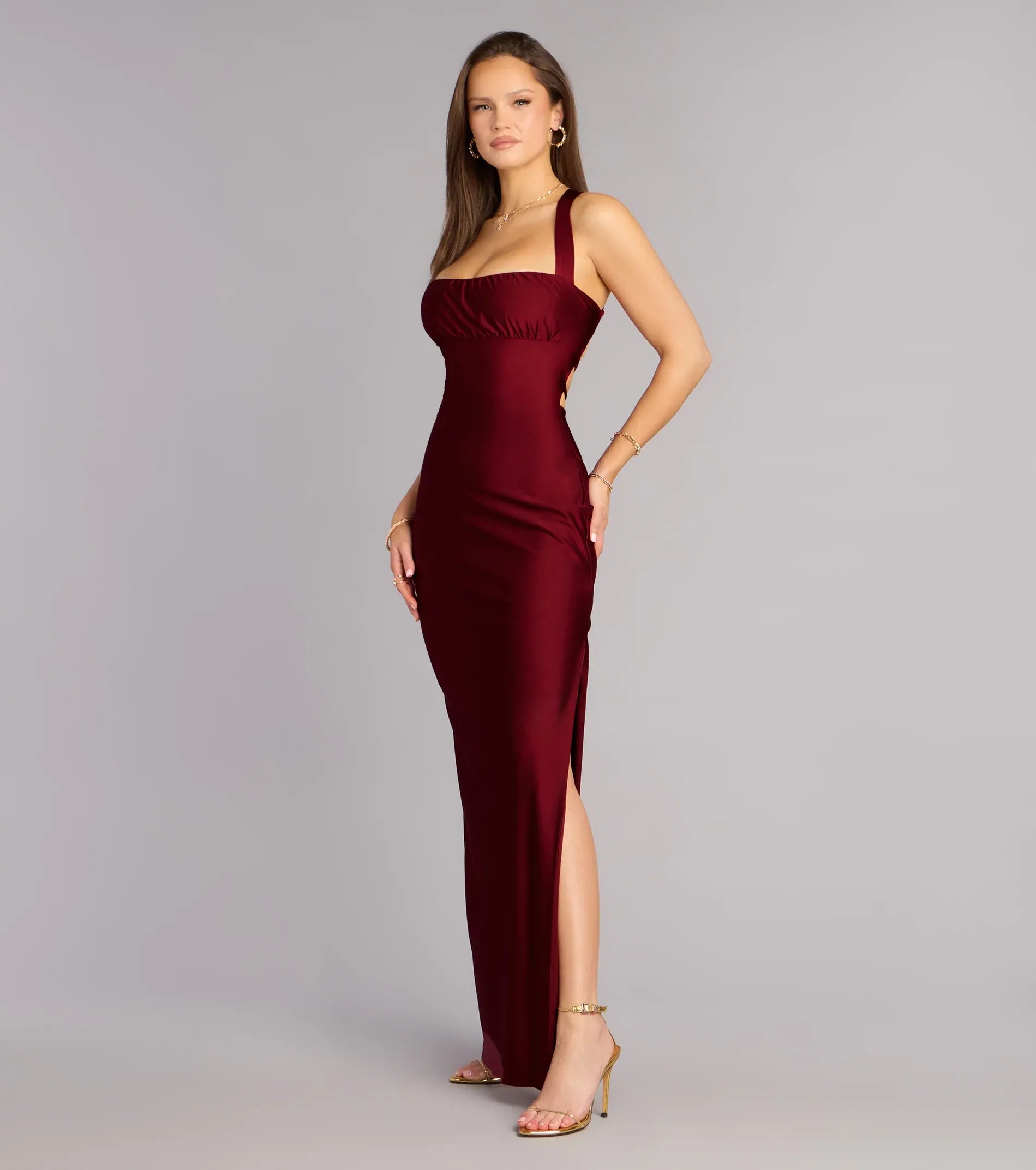 Burgundy Wide Strap Square Lace-Up Back High Slit Satin Midi Wedding Guest Dresses