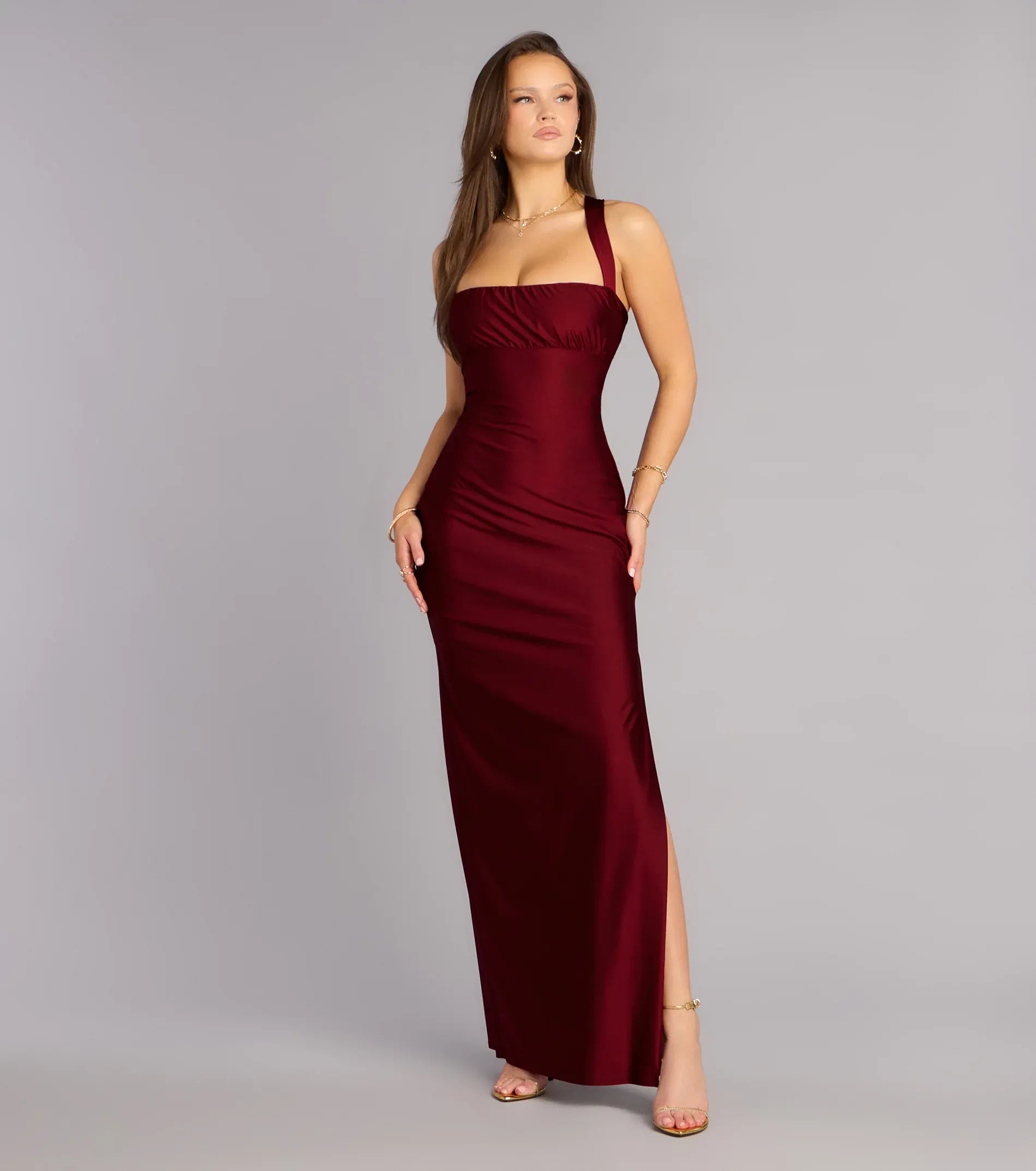 Burgundy Wide Strap Square Lace-Up Back High Slit Satin Midi Wedding Guest Dresses
