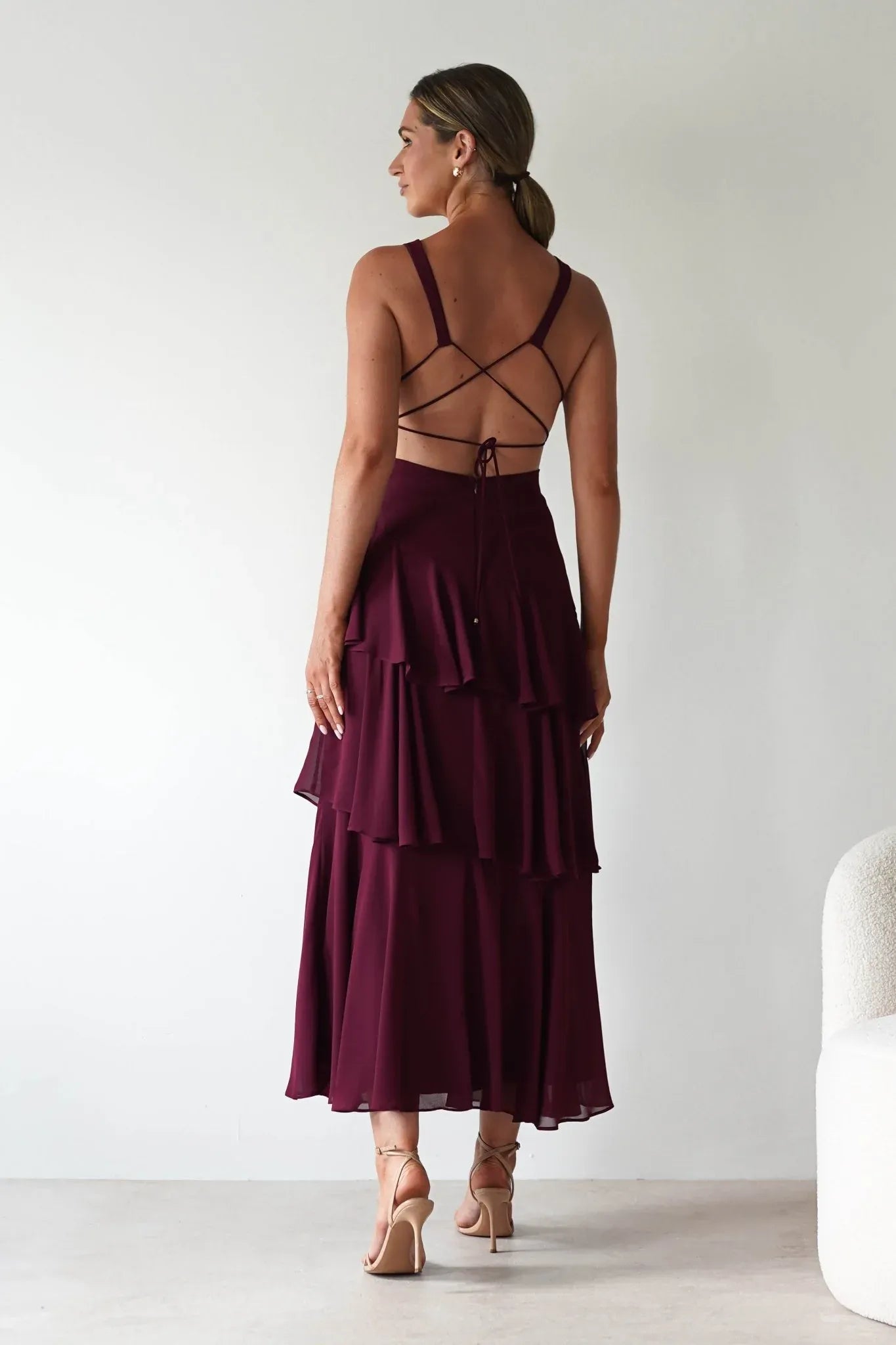Burgundy Deep V-Neck Tiered Chiffon Bridesmaid Dress with Lace-Up Back