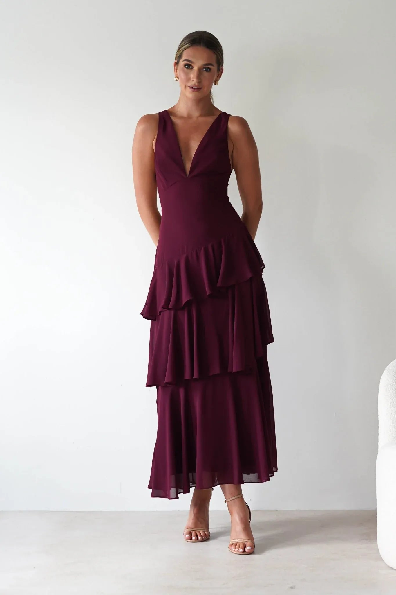 Burgundy Deep V-Neck Tiered Chiffon Bridesmaid Dress with Lace-Up Back