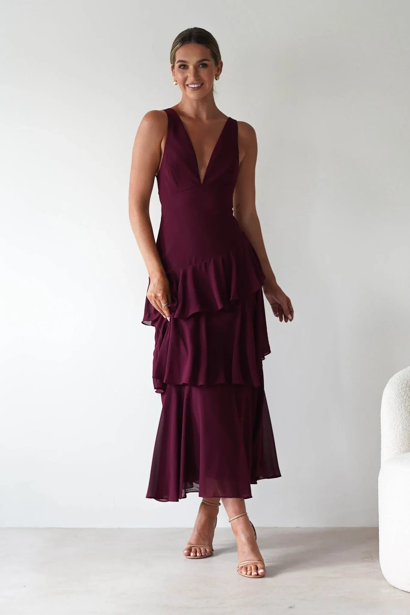 Burgundy Deep V-Neck Tiered Chiffon Bridesmaid Dress with Lace-Up Back