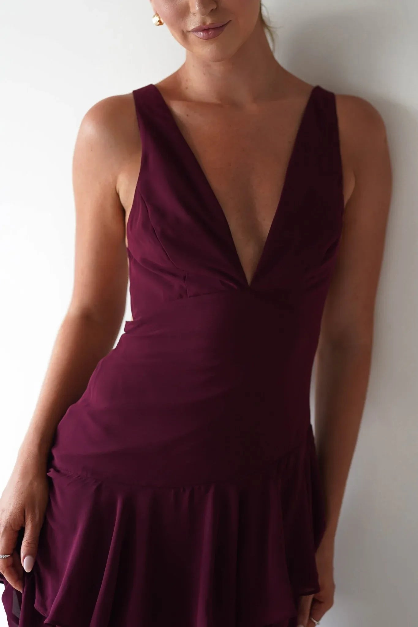 Burgundy Deep V-Neck Tiered Chiffon Bridesmaid Dress with Lace-Up Back