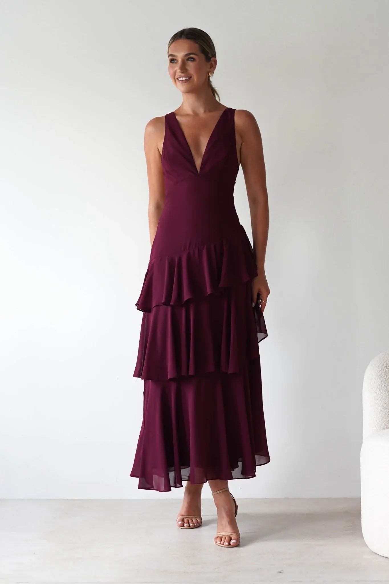 Burgundy Deep V-Neck Tiered Chiffon Bridesmaid Dress with Lace-Up Back