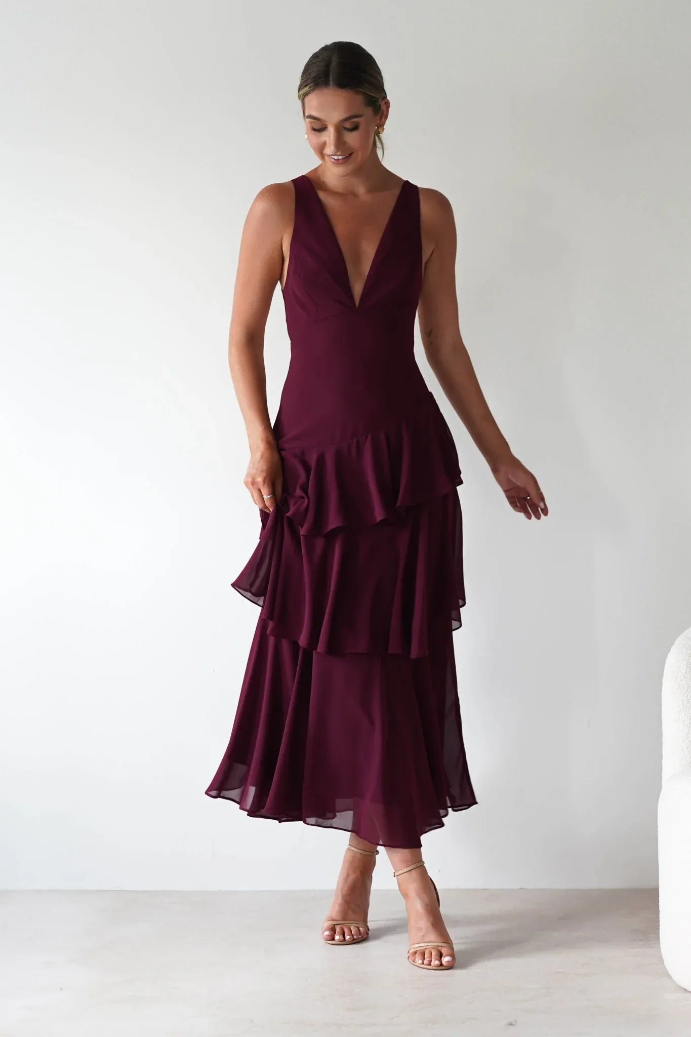 Burgundy Deep V-Neck Tiered Chiffon Bridesmaid Dress with Lace-Up Back