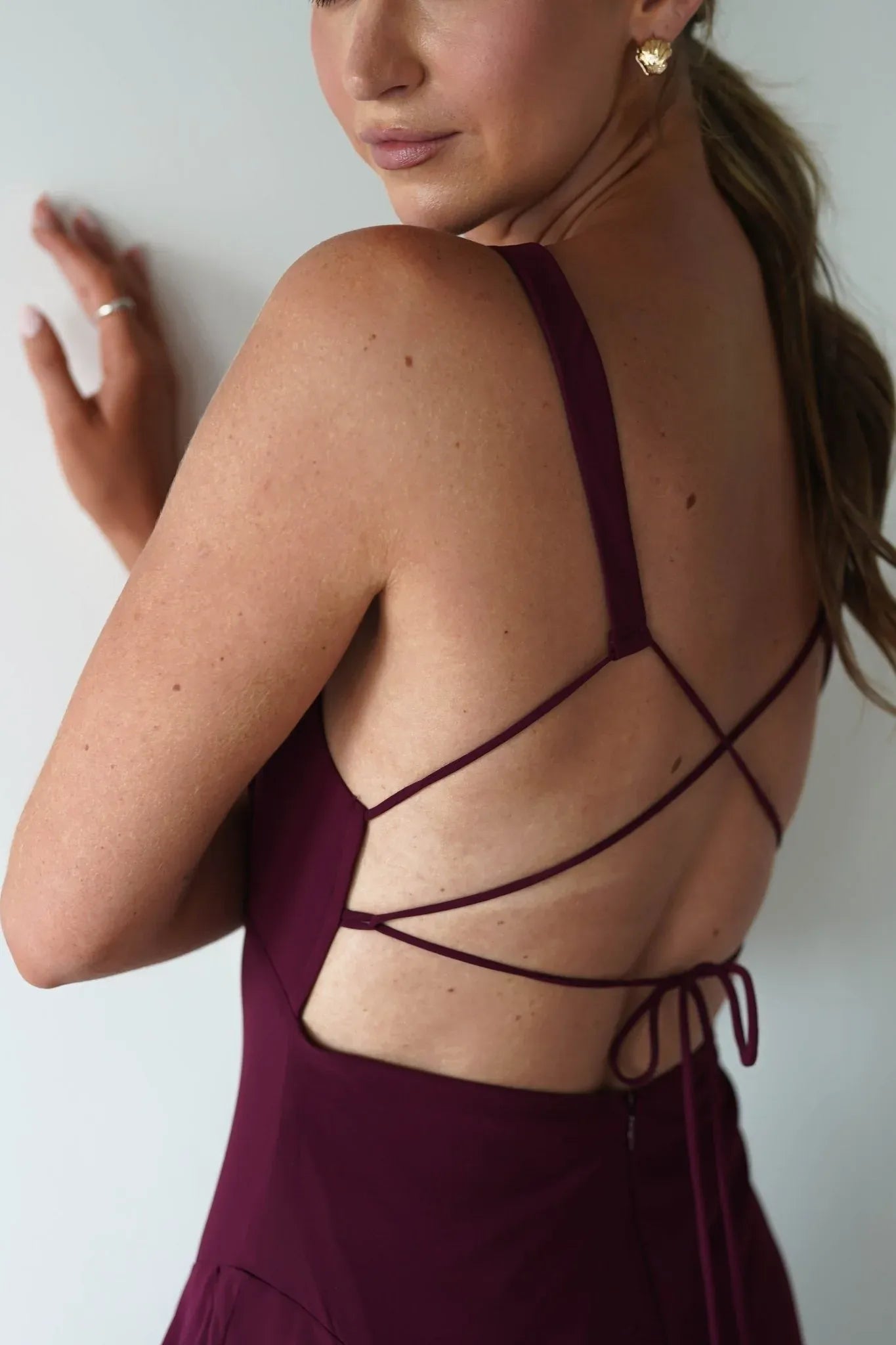 Burgundy Deep V-Neck Tiered Chiffon Bridesmaid Dress with Lace-Up Back