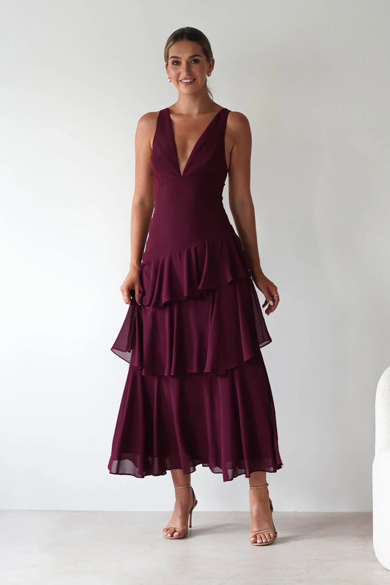 Burgundy Deep V-Neck Tiered Chiffon Bridesmaid Dress with Lace-Up Back