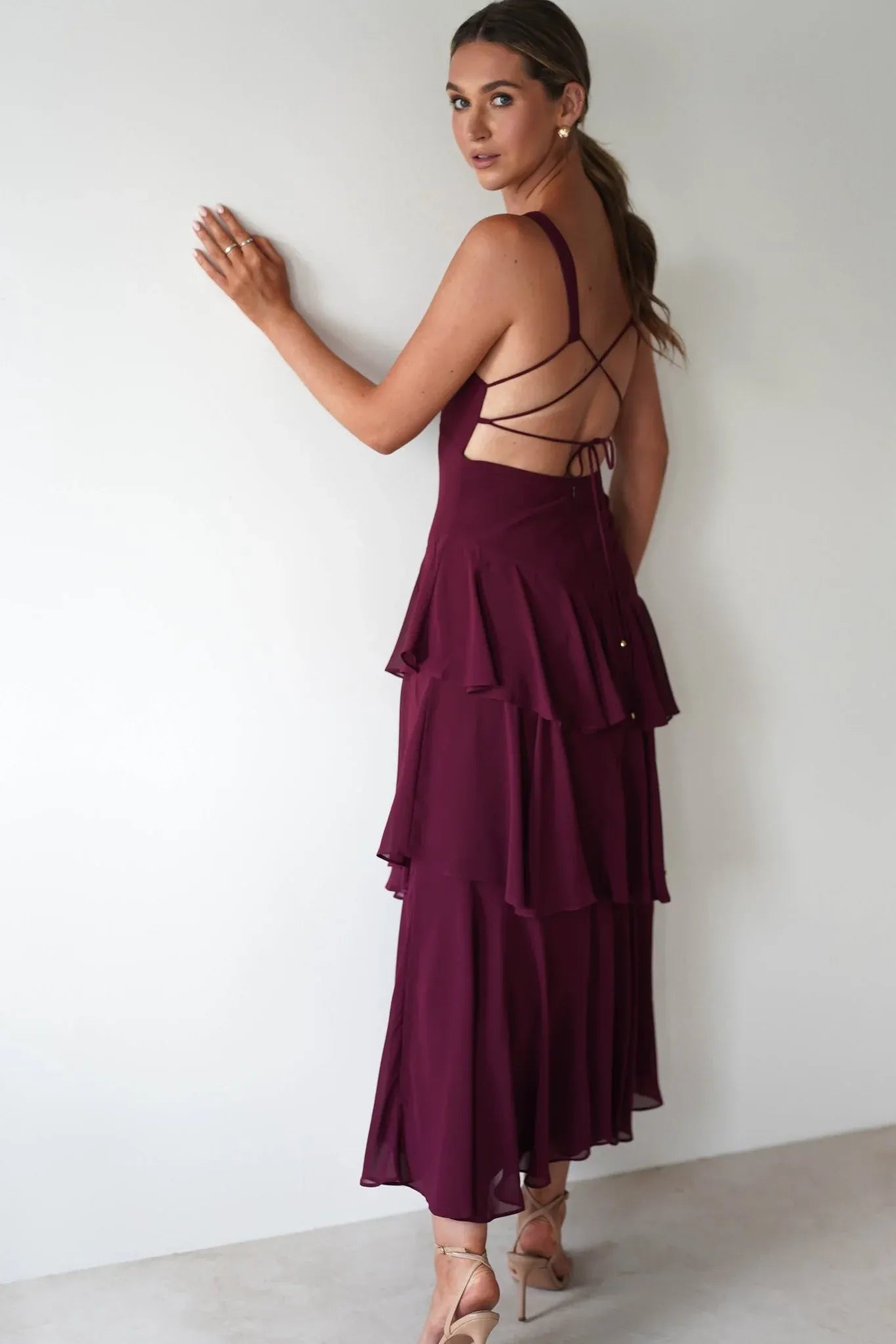 Burgundy Deep V-Neck Tiered Chiffon Bridesmaid Dress with Lace-Up Back
