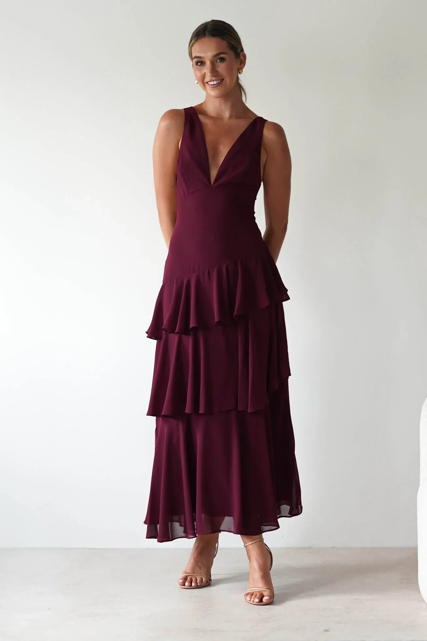 Burgundy Deep V-Neck Tiered Chiffon Bridesmaid Dress with Lace-Up Back