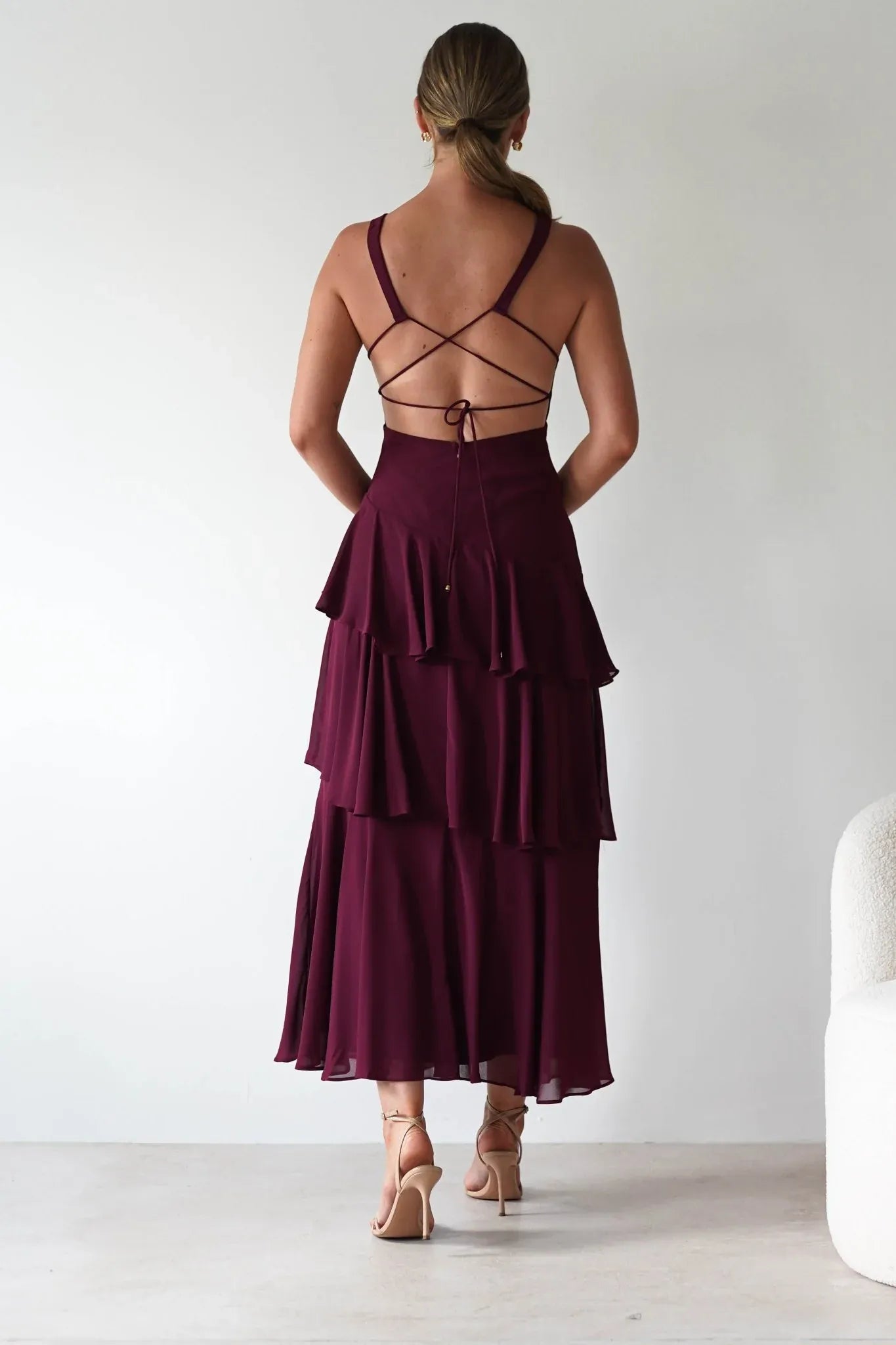 Burgundy Deep V-Neck Tiered Chiffon Bridesmaid Dress with Lace-Up Back