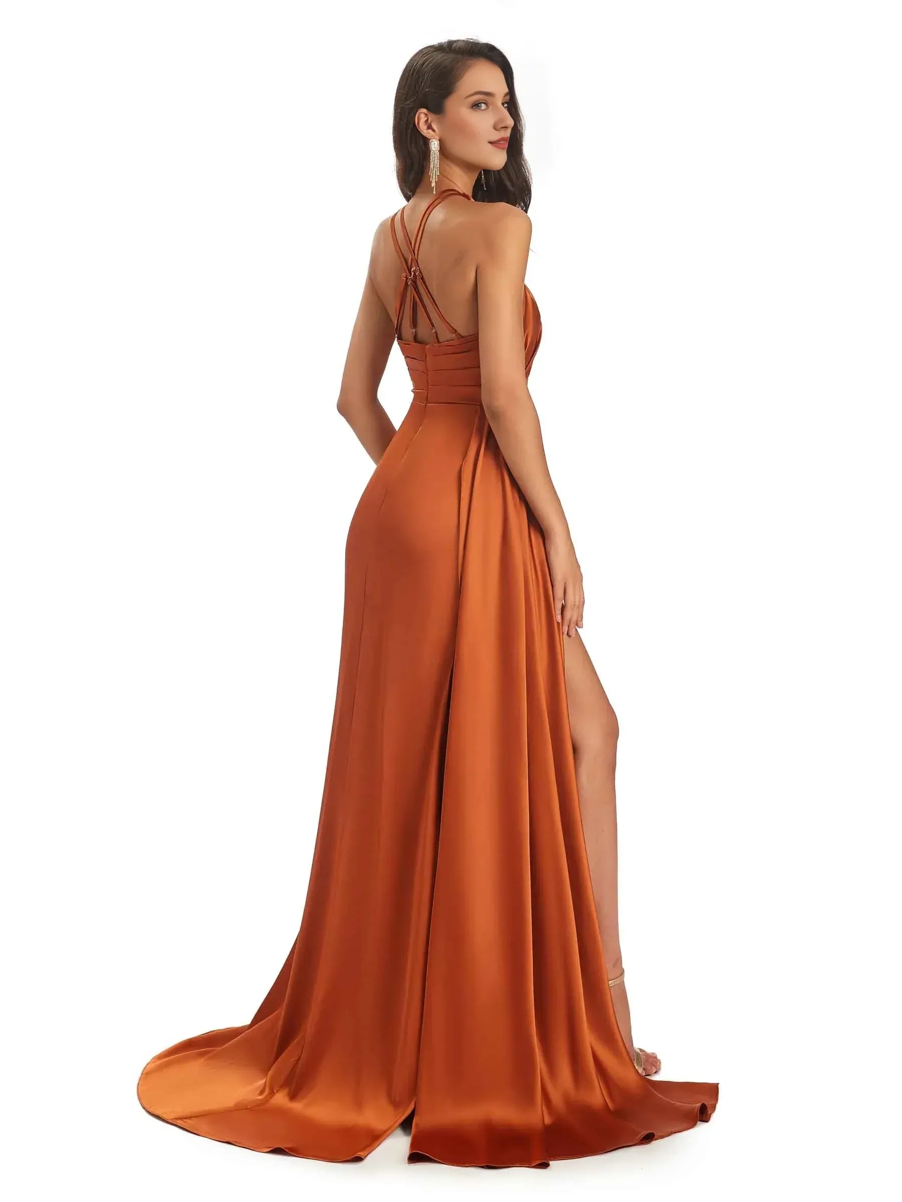 Burnt‑Orange Satin Halter‑Crisscross High‑Slit Mermaid Bridesmaid Dresses