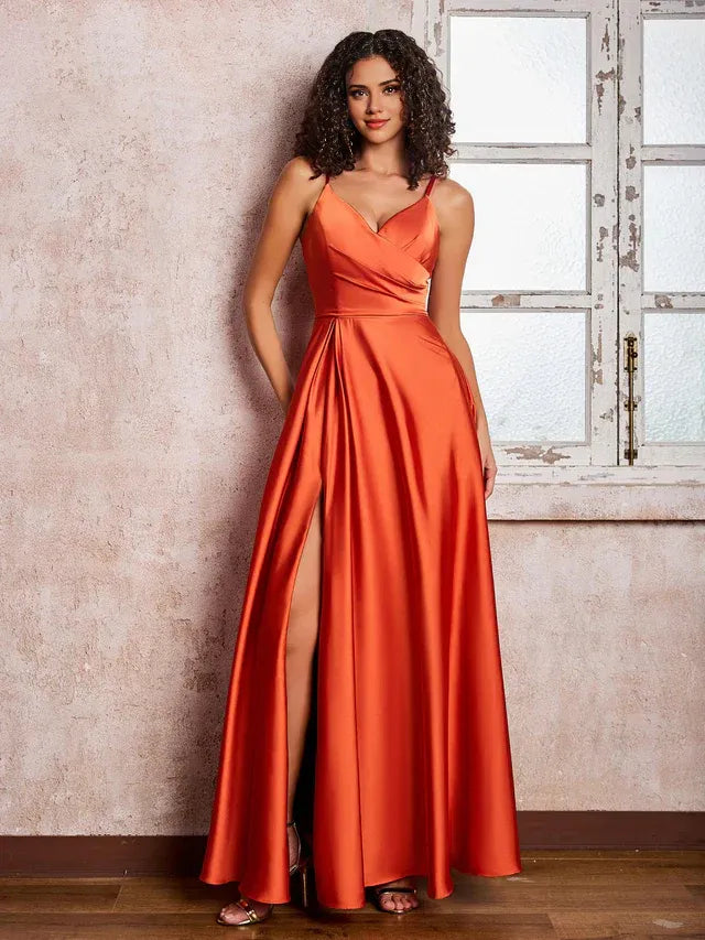 Burnt‑Orange Satin Spaghetti‑Strap Wrap‑V‑Neck High‑Slit A‑Line Bridesmaid Dresses
