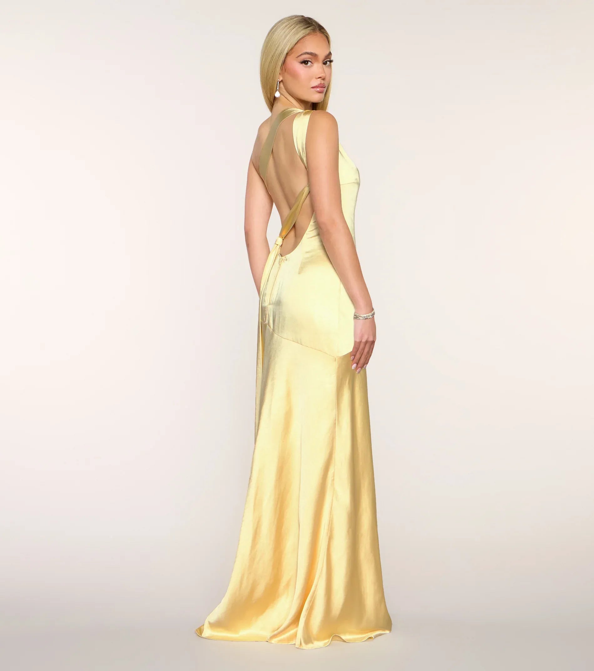 Butter One Shoulder Crisscross Back Satin Mermaid Maxi Bridesmaid Dress