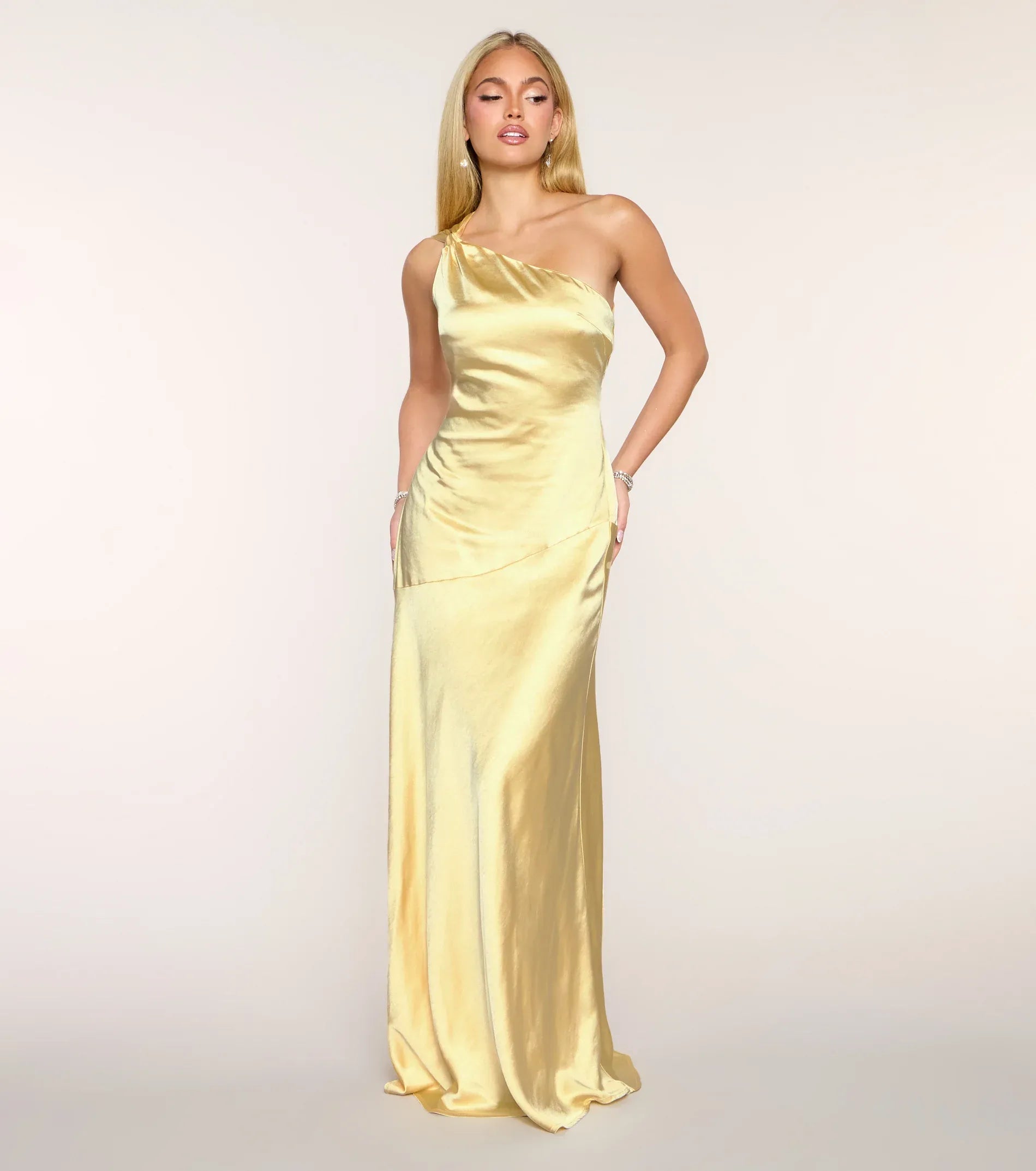Butter One Shoulder Crisscross Back Satin Mermaid Maxi Bridesmaid Dress