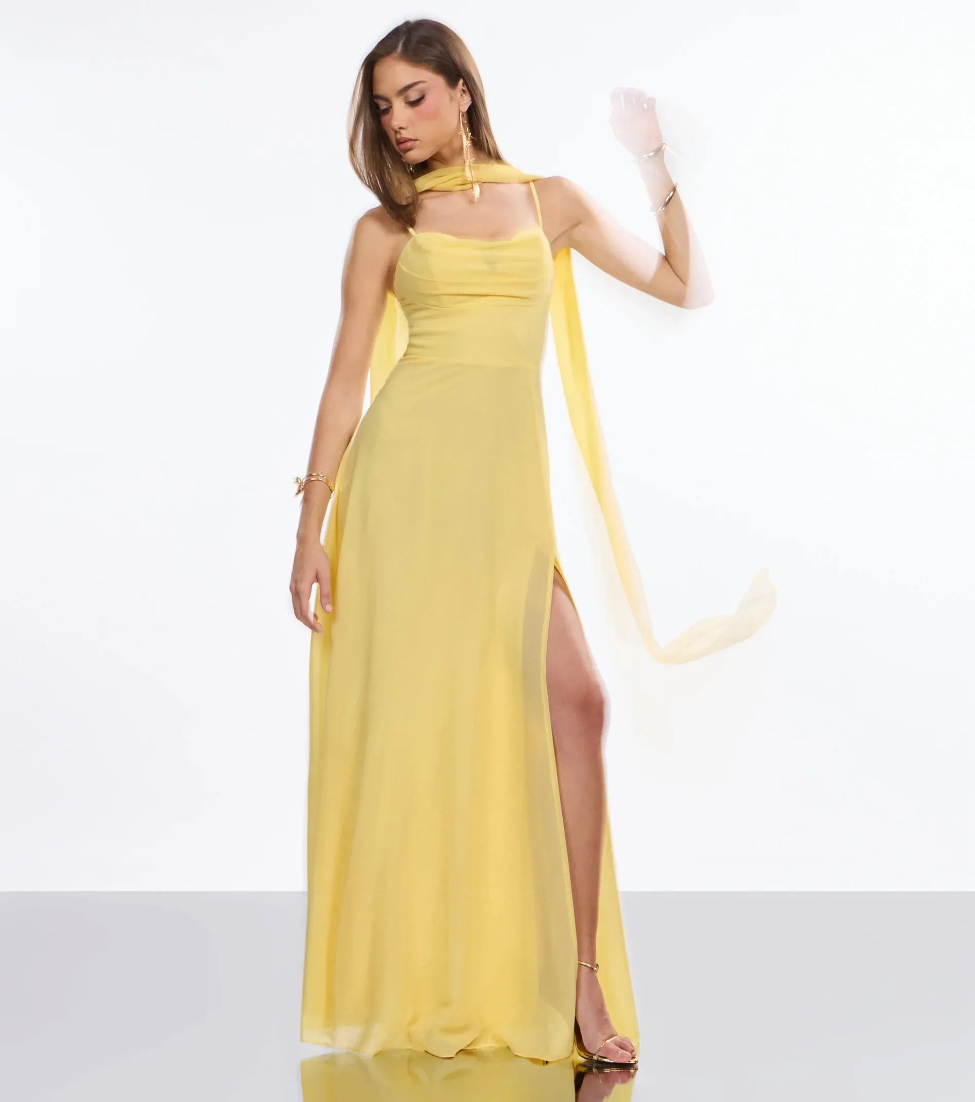 Butter Yellow A Line Spaghetti Strap Cowl Neck Scarf Tie Back High Slit Floor Length Wedding Guest Dresses