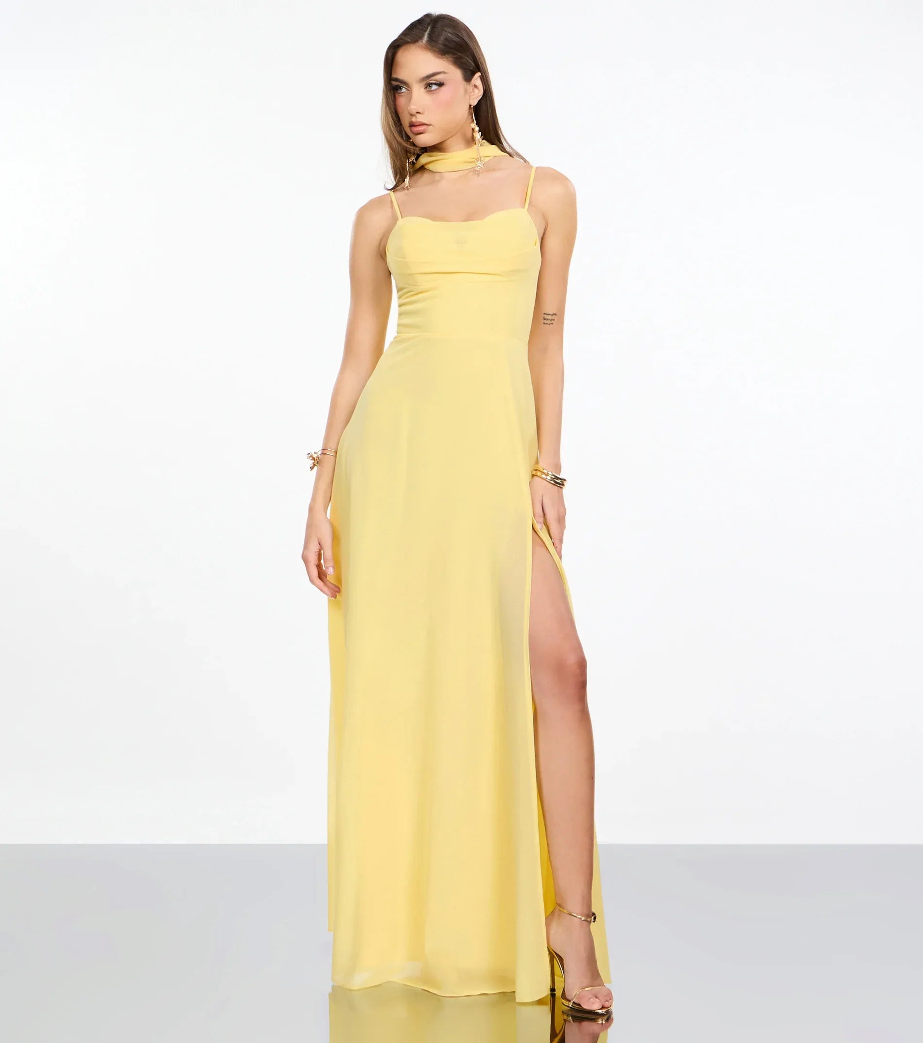 Butter Yellow A Line Spaghetti Strap Cowl Neck Scarf Tie Back High Slit Floor Length Wedding Guest Dresses