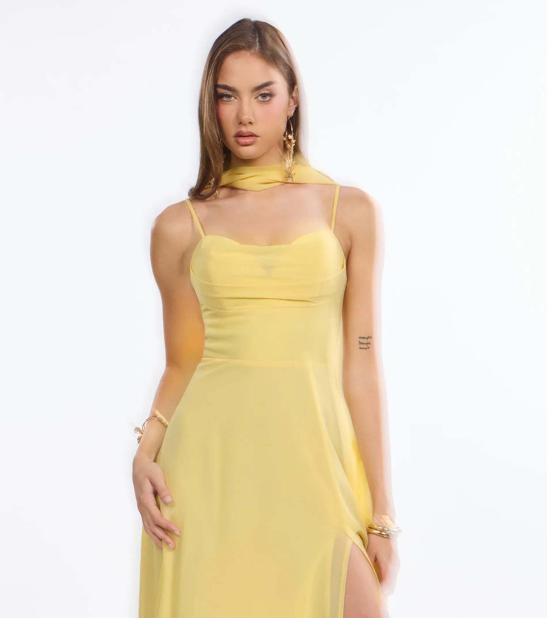 Butter Yellow A Line Spaghetti Strap Cowl Neck Scarf Tie Back High Slit Floor Length Wedding Guest Dresses