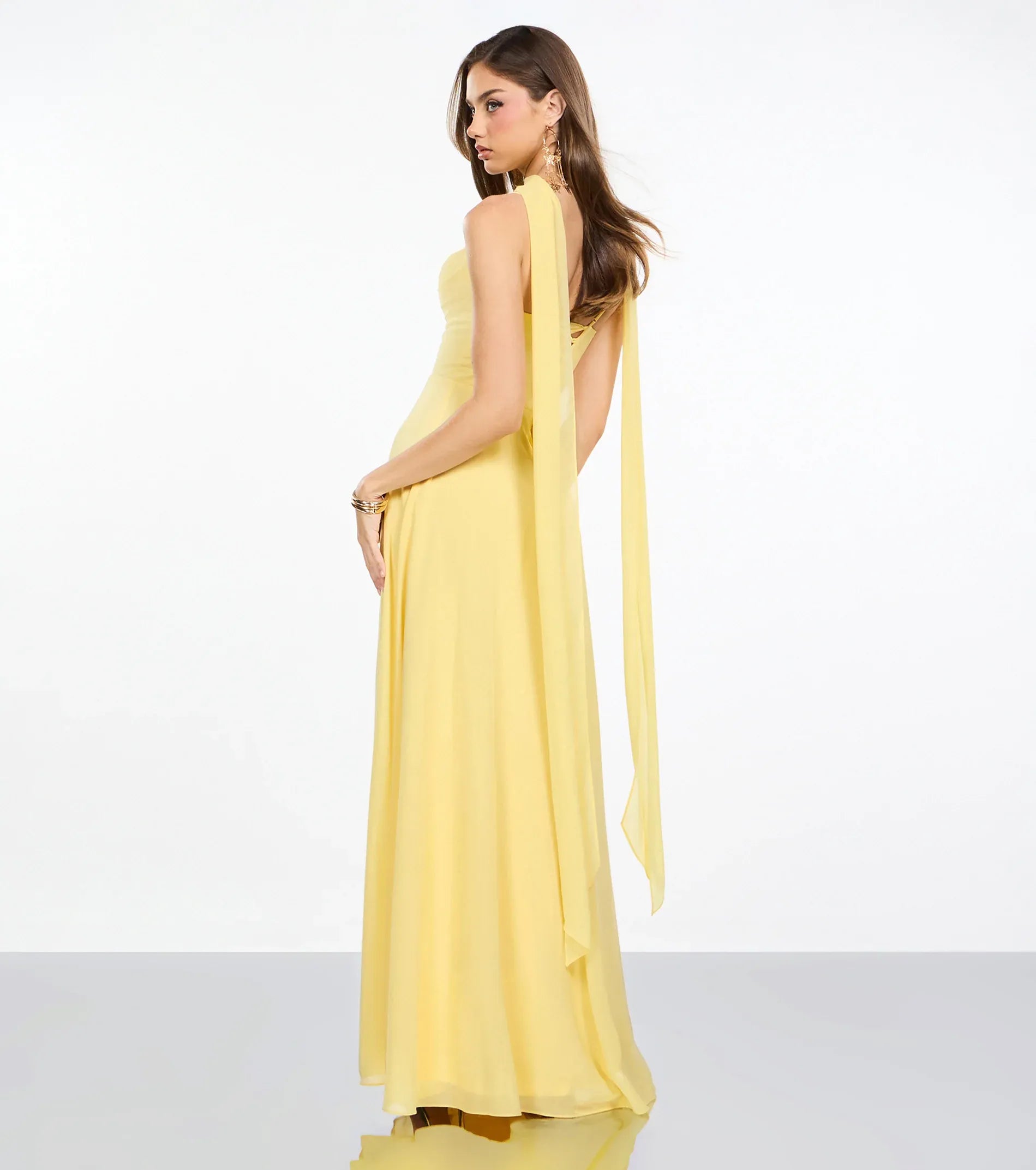 Butter Yellow A Line Spaghetti Strap Cowl Neck Scarf Tie Back High Slit Floor Length Wedding Guest Dresses