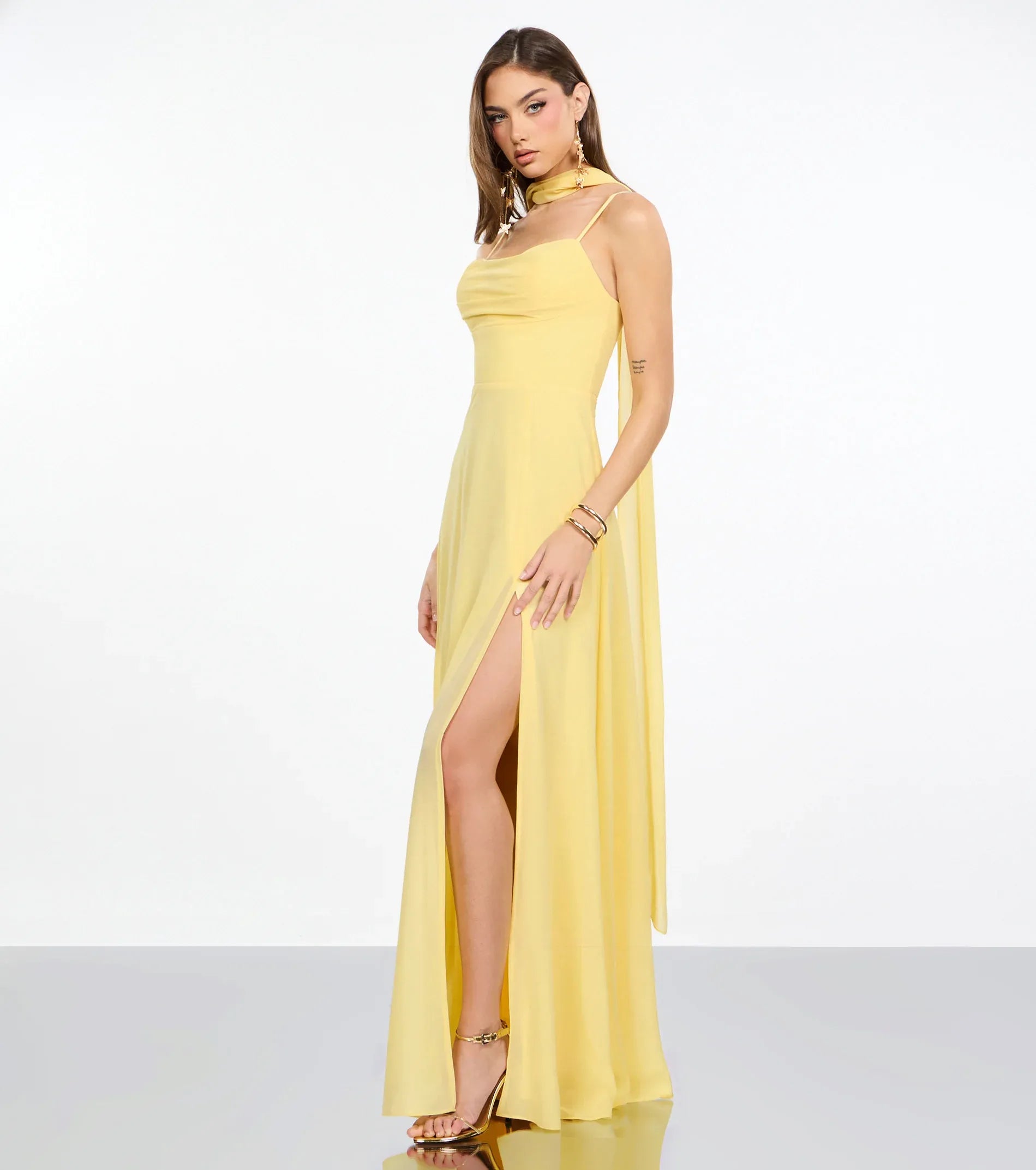 Butter Yellow A Line Spaghetti Strap Cowl Neck Scarf Tie Back High Slit Floor Length Wedding Guest Dresses
