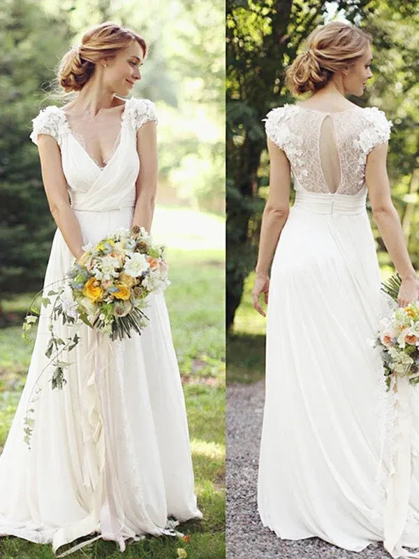 Cap‑Sleeve 3D‑Floral‑Appliqué Chiffon A‑Line Wedding Dress With Keyhole‑Back Detail