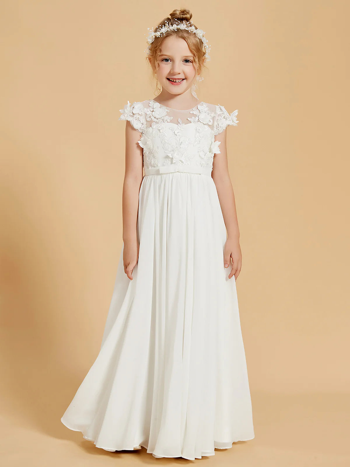 Cap Sleeve 3D Floral Lace Chiffon Floor Length White Flower Girl Dresses