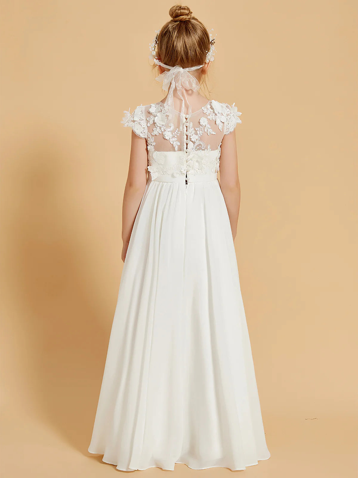 Cap Sleeve 3D Floral Lace Chiffon Floor Length White Flower Girl Dresses