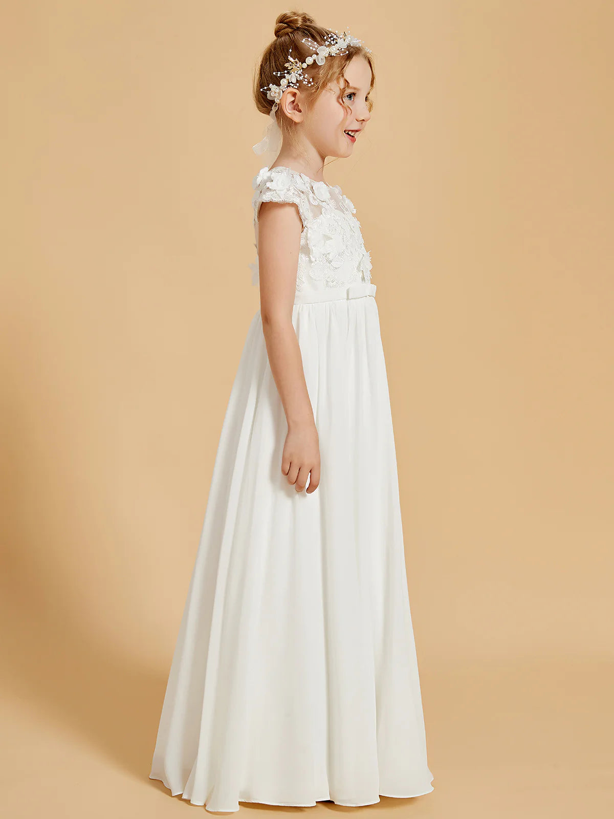 Cap Sleeve 3D Floral Lace Chiffon Floor Length White Flower Girl Dresses