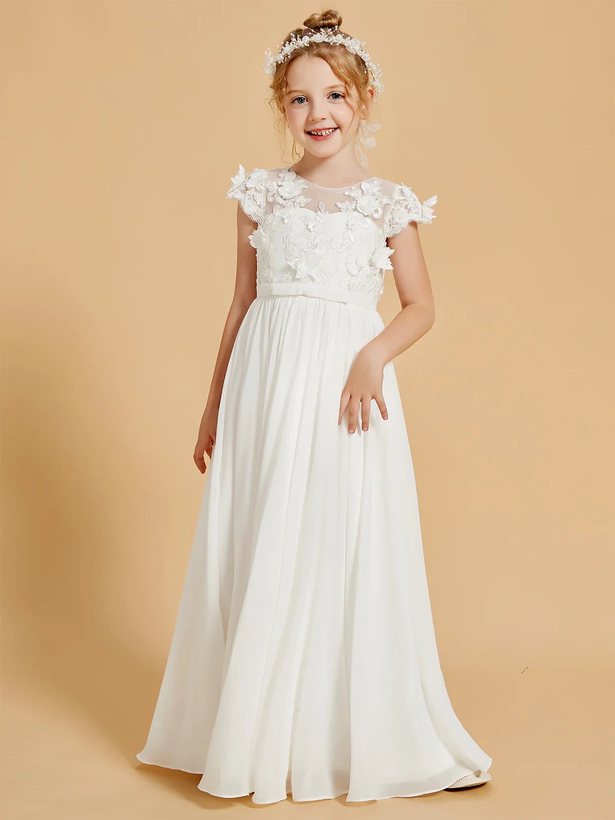 Cap Sleeve 3D Floral Lace Chiffon Floor Length White Flower Girl Dresses