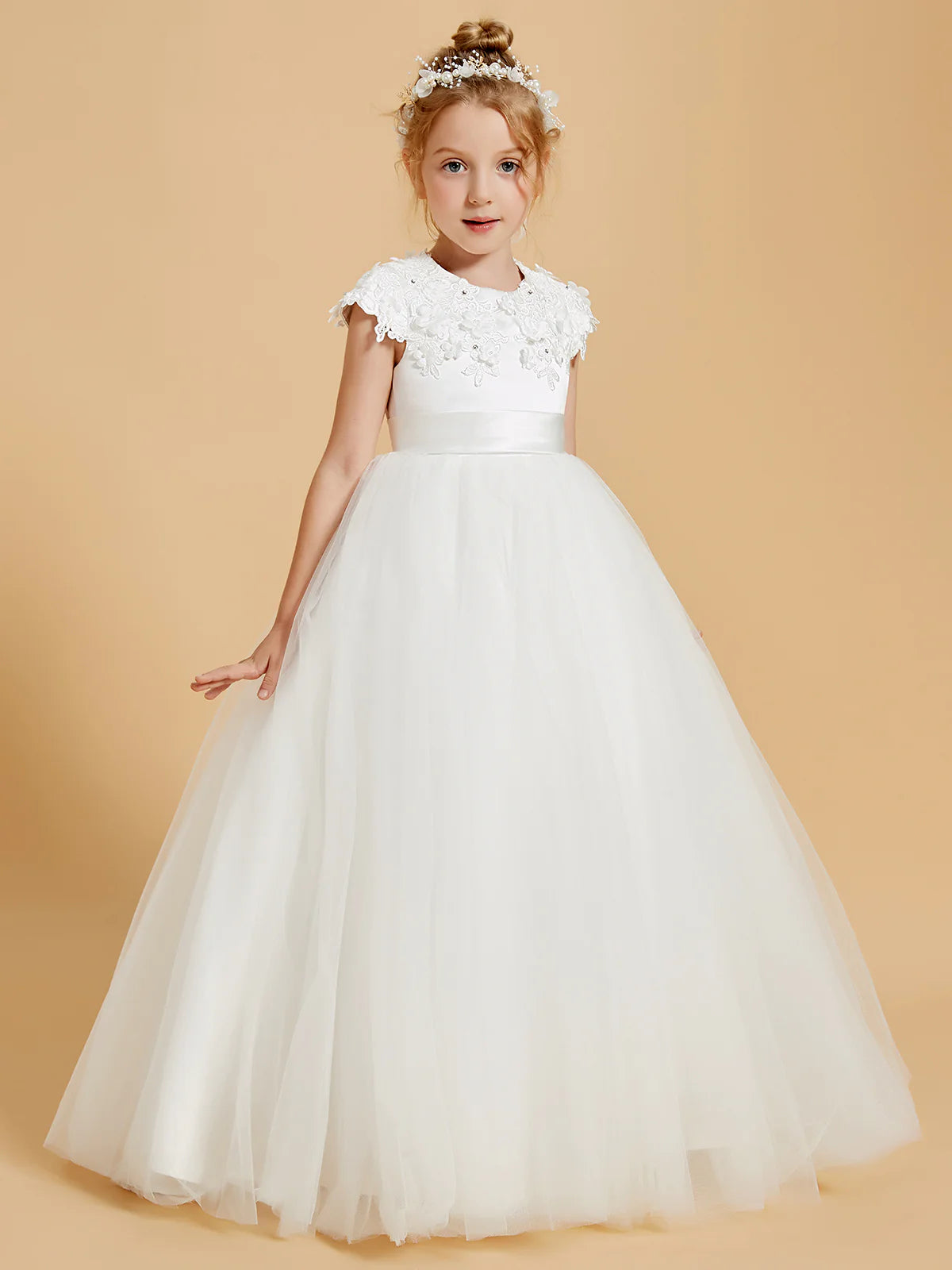 Cap Sleeve 3D Floral Lace Satin Waist White Tulle Floor Length Flower Girl Dresses