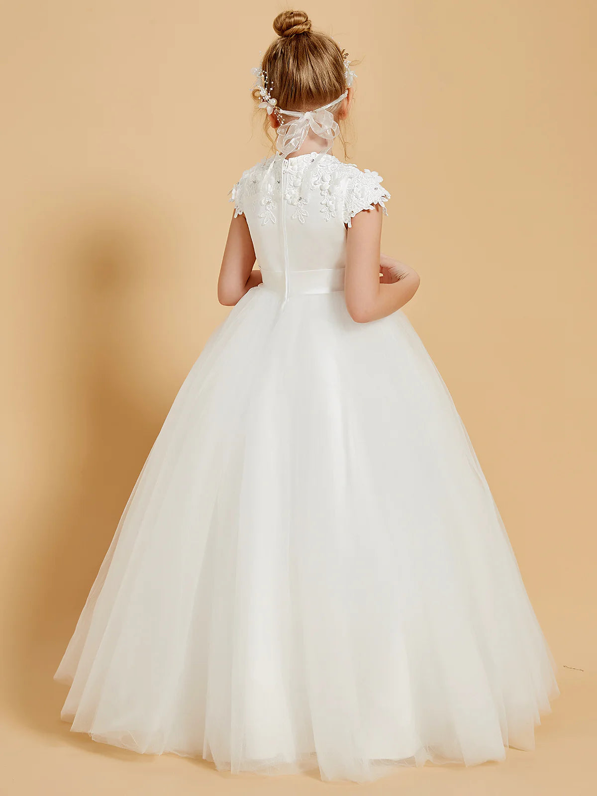 Cap Sleeve 3D Floral Lace Satin Waist White Tulle Floor Length Flower Girl Dresses