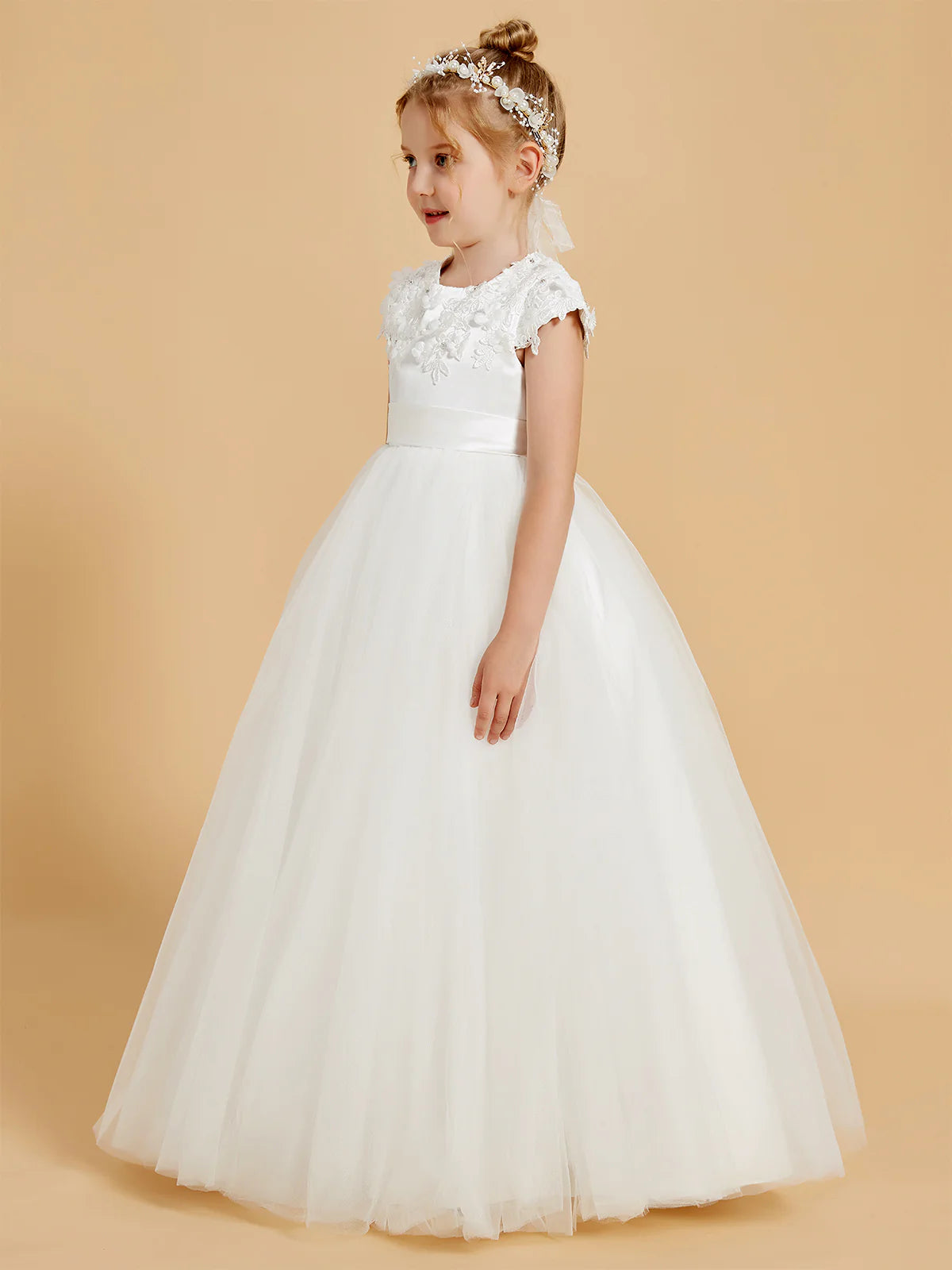 Cap Sleeve 3D Floral Lace Satin Waist White Tulle Floor Length Flower Girl Dresses