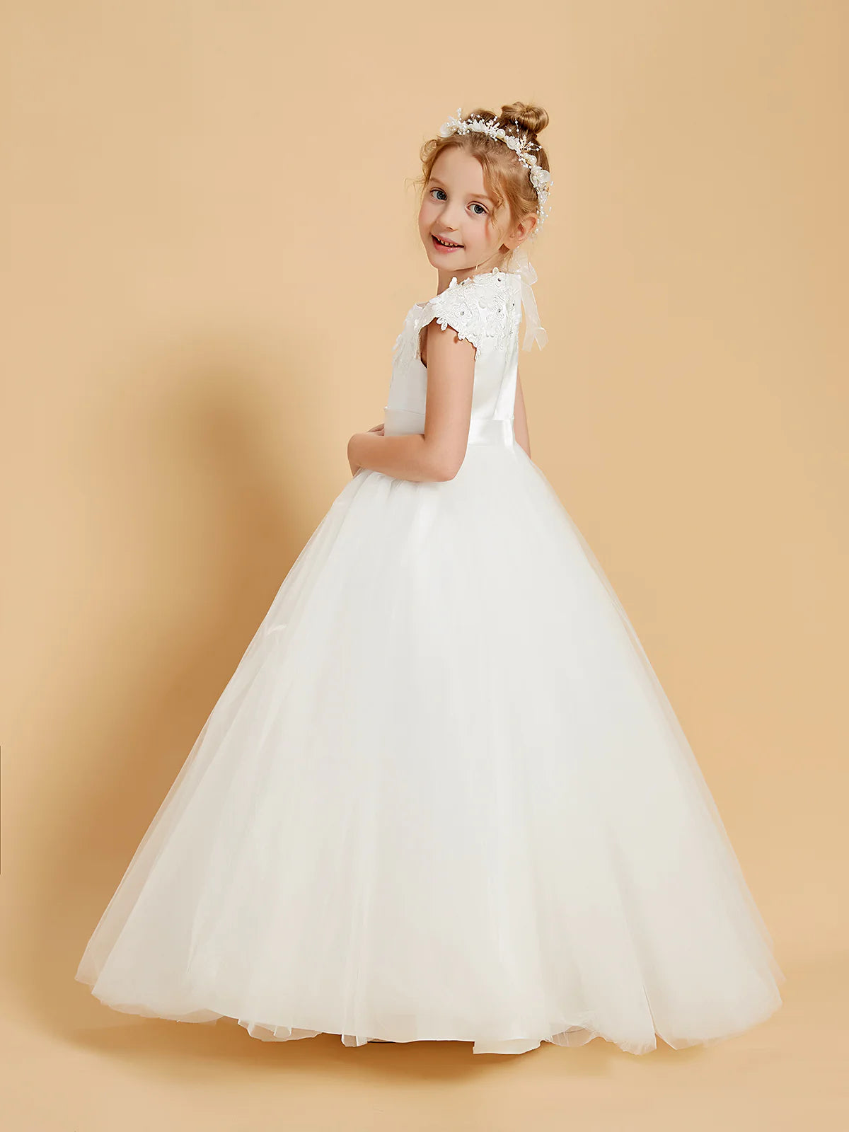 Cap Sleeve 3D Floral Lace Satin Waist White Tulle Floor Length Flower Girl Dresses