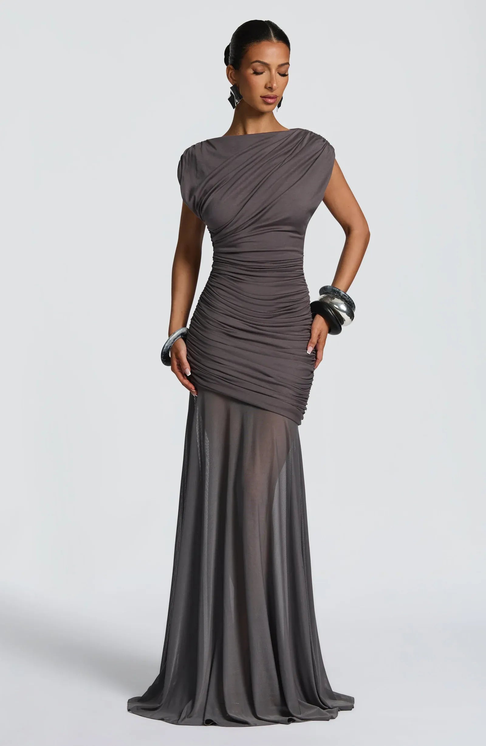 Cap Sleeve Boat Neck Cross Draped Waist Ruched Mesh Charcoal Jersey Mermaid Maxi Wedding Guest Dresses