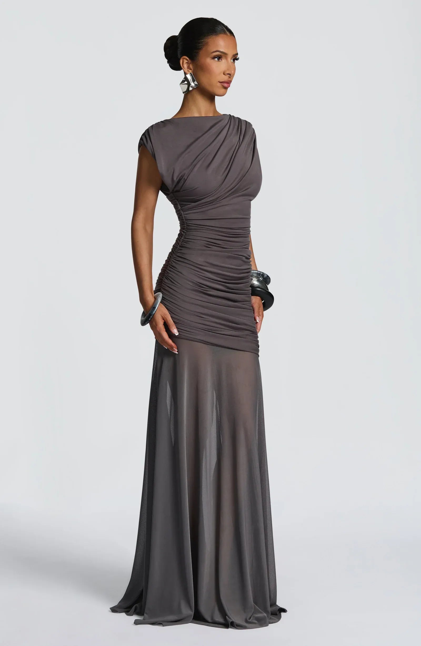 Cap Sleeve Boat Neck Cross Draped Waist Ruched Mesh Charcoal Jersey Mermaid Maxi Wedding Guest Dresses