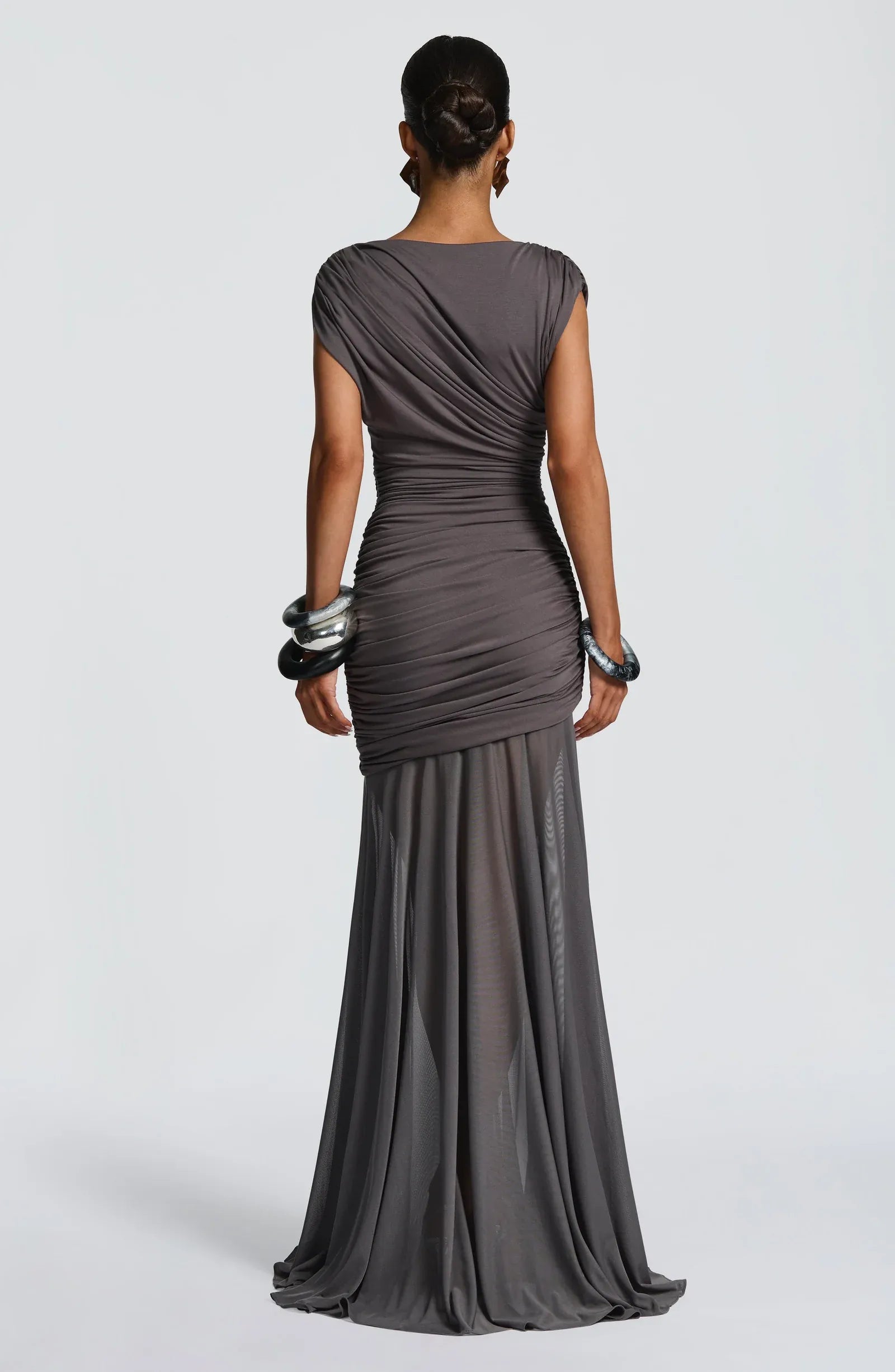 Cap Sleeve Boat Neck Cross Draped Waist Ruched Mesh Charcoal Jersey Mermaid Maxi Wedding Guest Dresses