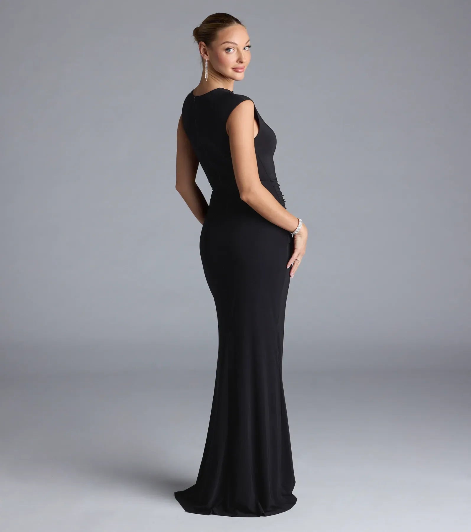 Cap Sleeve Cutout Neck Ruched High-Slit Mermaid Maxi Wedding Guest Dress