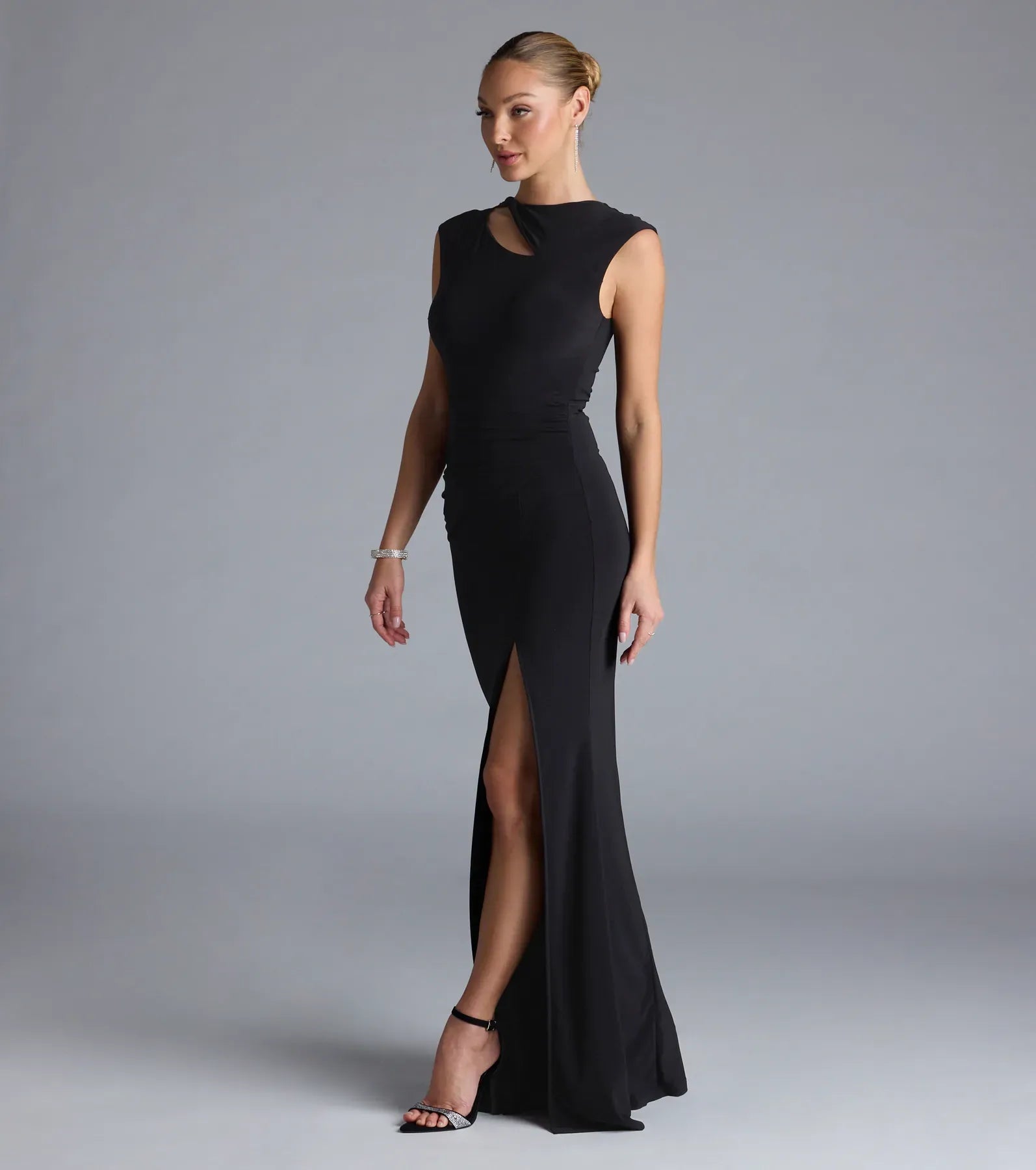 Cap Sleeve Cutout Neck Ruched High-Slit Mermaid Maxi Wedding Guest Dress