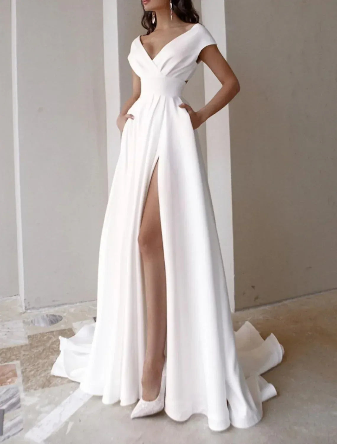 Cap Sleeve Deep V Cutout Waist Hidden Pocket High Slit Matte Crepe A-Line Wedding Dress With Train