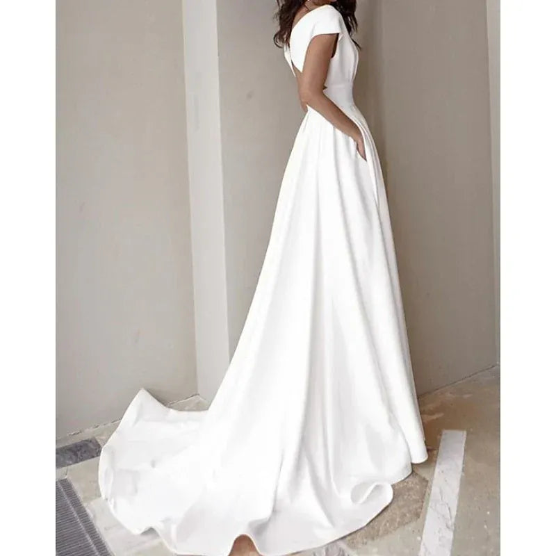 Cap Sleeve Deep V Cutout Waist Hidden Pocket High Slit Matte Crepe A-Line Wedding Dress With Train