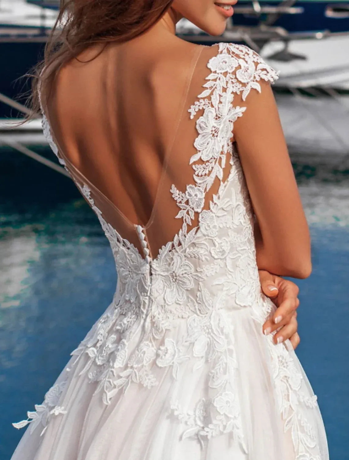 Cap‑Sleeve Deep‑V Lace‑Appliqué Tulle A‑Line Wedding Dress With Illusion Low‑Back & Pockets