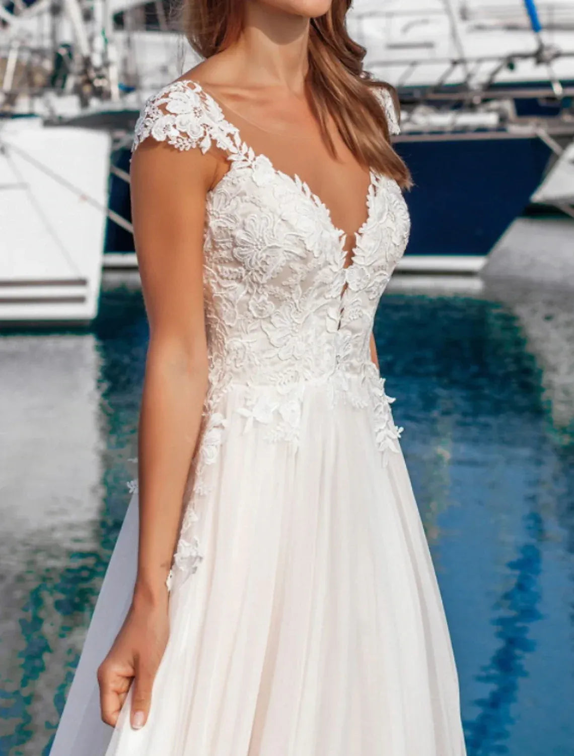 Cap‑Sleeve Deep‑V Lace‑Appliqué Tulle A‑Line Wedding Dress With Illusion Low‑Back & Pockets