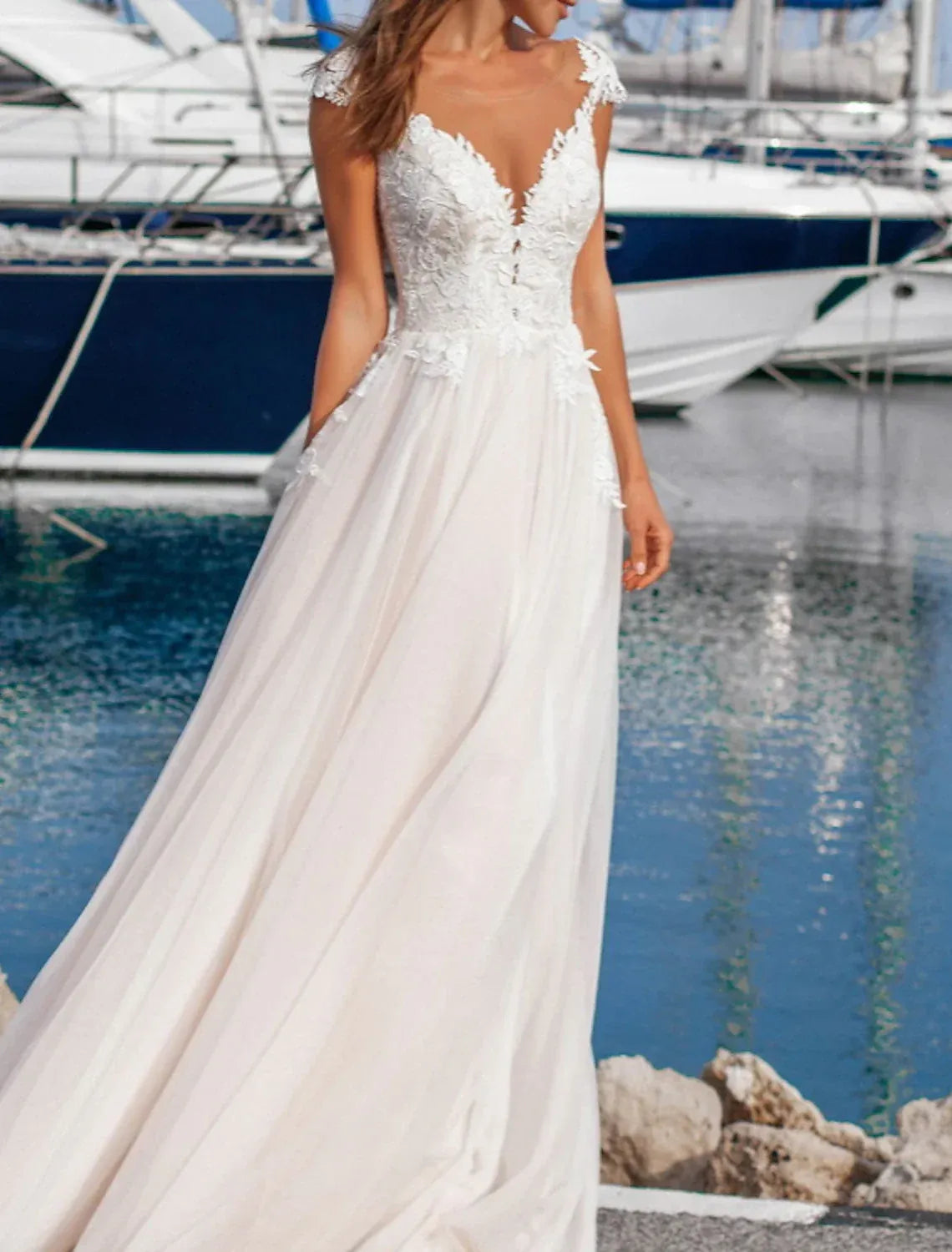 Cap‑Sleeve Deep‑V Lace‑Appliqué Tulle A‑Line Wedding Dress With Illusion Low‑Back & Pockets