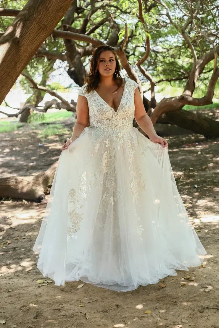 Cap Sleeve Deep V Neck 3D Floral Lace Plus Size Tulle A Line Wedding Dress With Sweep Train