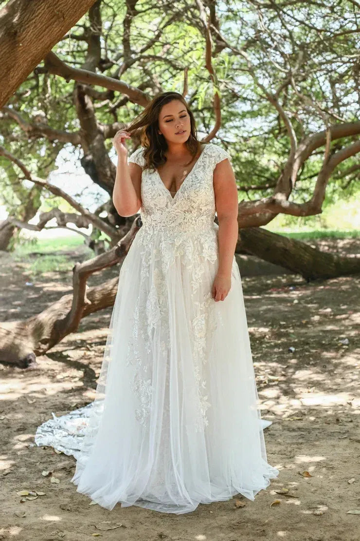 Cap Sleeve Deep V Neck 3D Floral Lace Plus Size Tulle A Line Wedding Dress With Sweep Train