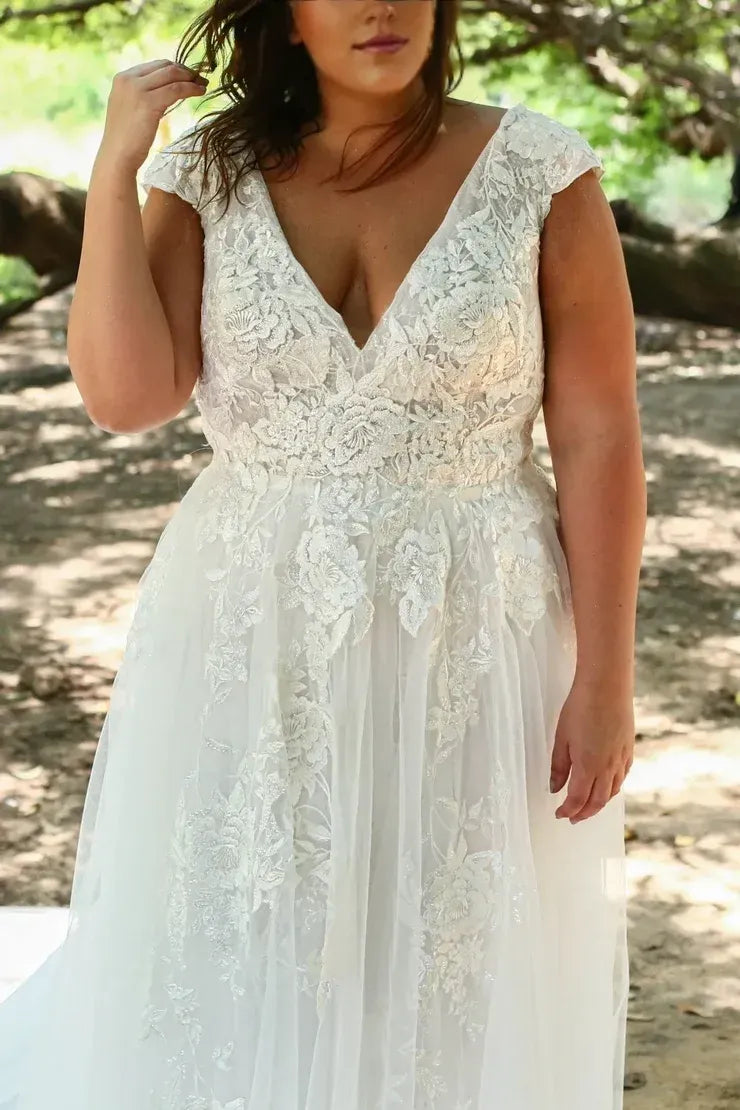 Cap Sleeve Deep V Neck 3D Floral Lace Plus Size Tulle A Line Wedding Dress With Sweep Train