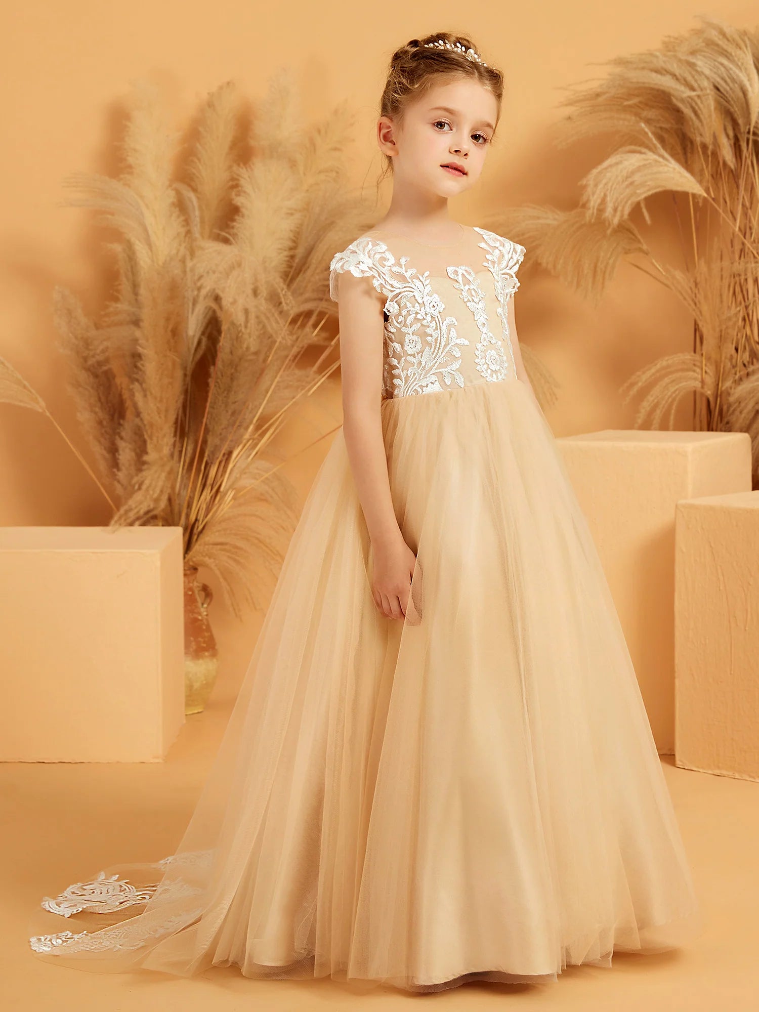 Cap Sleeve Illusion Neck Floral Lace Train Champagne Tulle Floor Length Flower Girl Dresses
