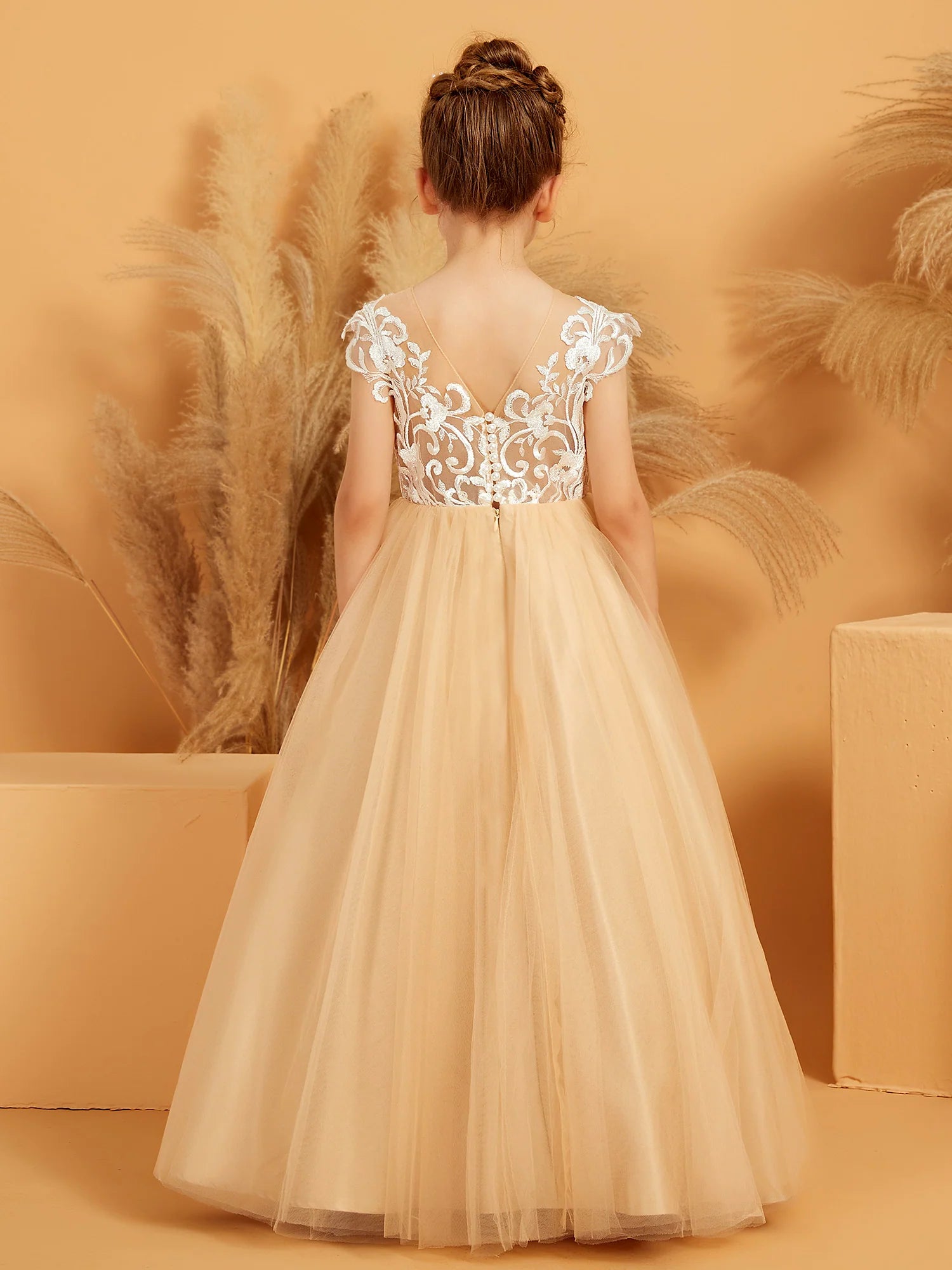 Cap Sleeve Illusion Neck Floral Lace Train Champagne Tulle Floor Length Flower Girl Dresses