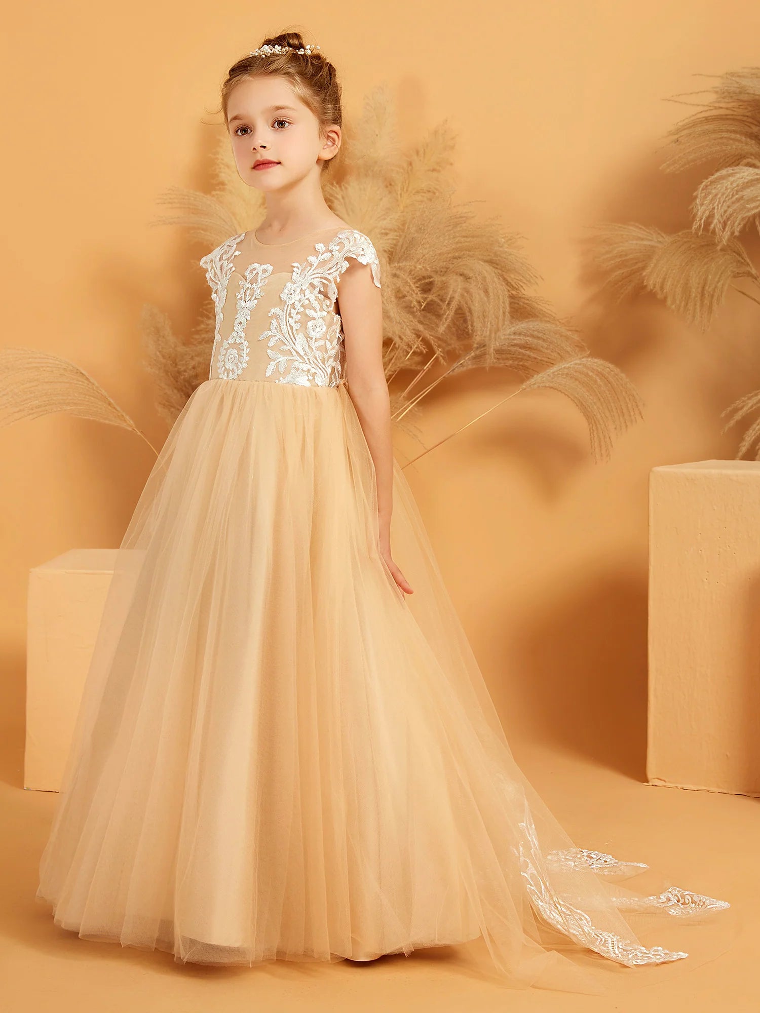 Cap Sleeve Illusion Neck Floral Lace Train Champagne Tulle Floor Length Flower Girl Dresses
