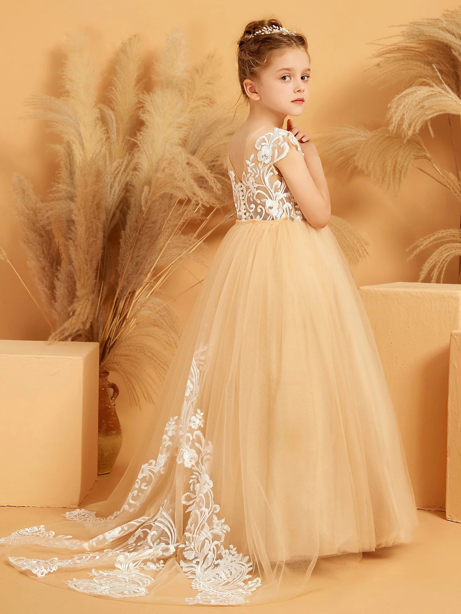 Cap Sleeve Illusion Neck Floral Lace Train Champagne Tulle Floor Length Flower Girl Dresses