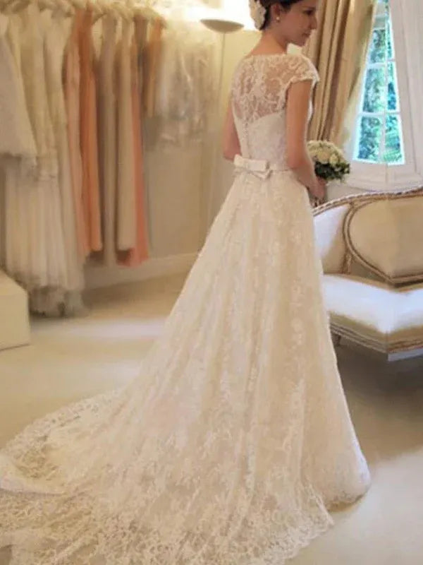 Cap‑Sleeve Illusion‑Neck Full‑Lace A‑Line Wedding Dress With Satin‑Bow Waist & Lace‑Trimmed Train